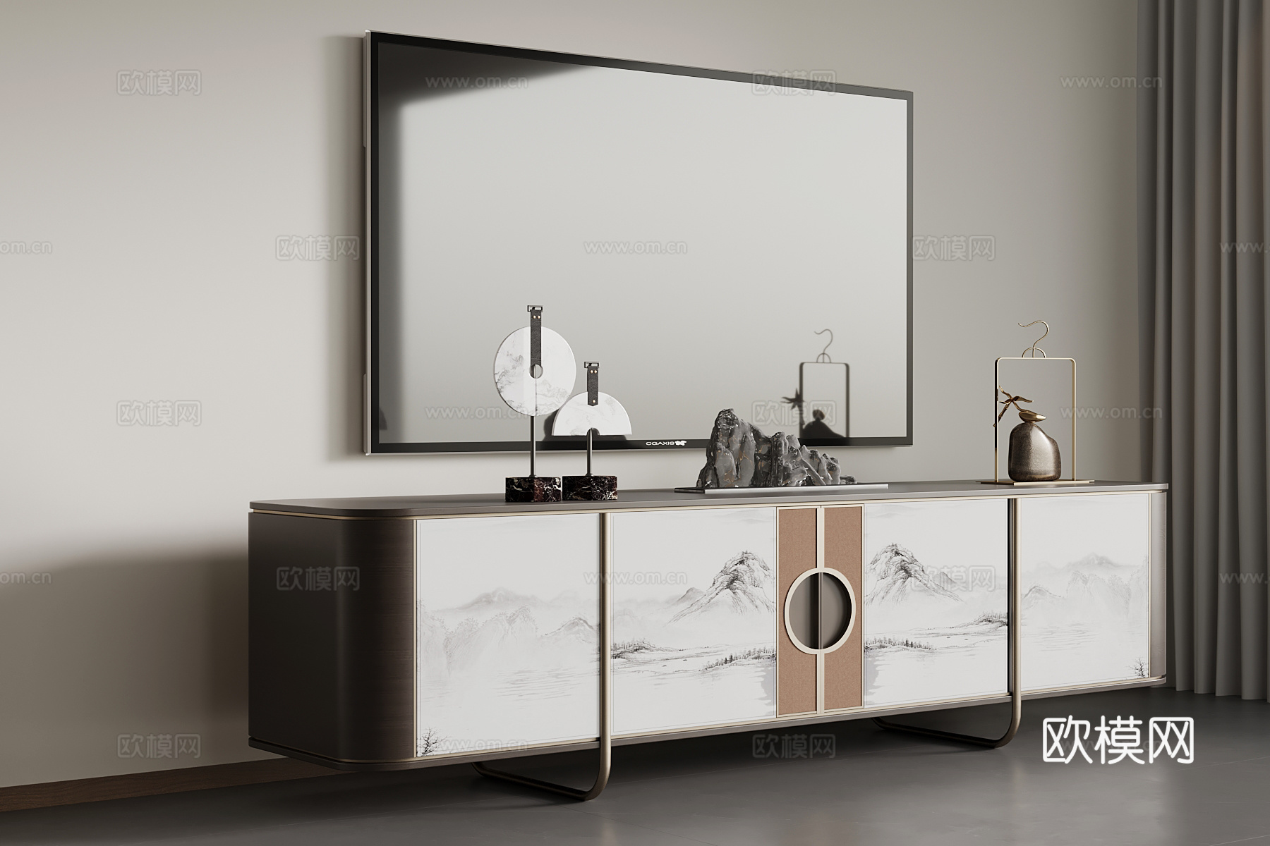 新中式电视柜 矮柜su模型下载（渲染图1）