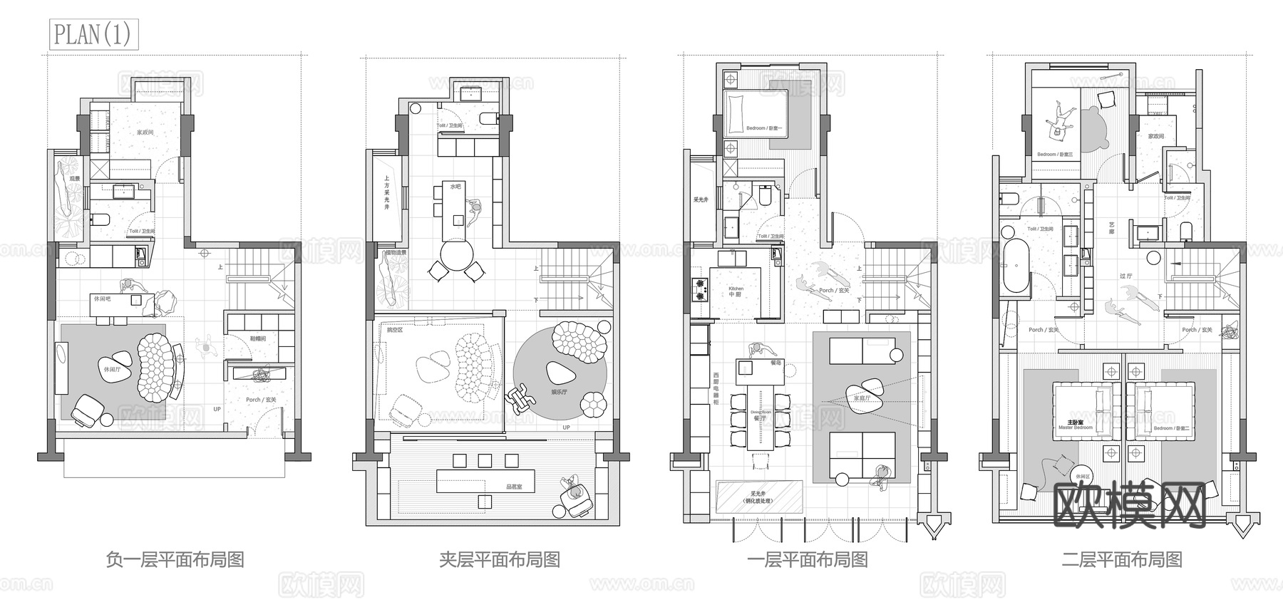 320㎡下叠别墅 平面图cad施工图