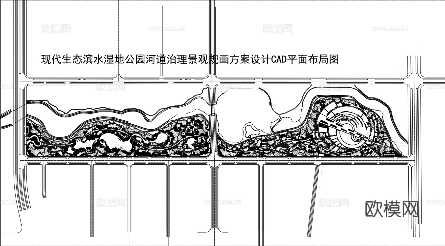 现代生态滨水湿地公园河道景观CAD平面布局图cad施工图