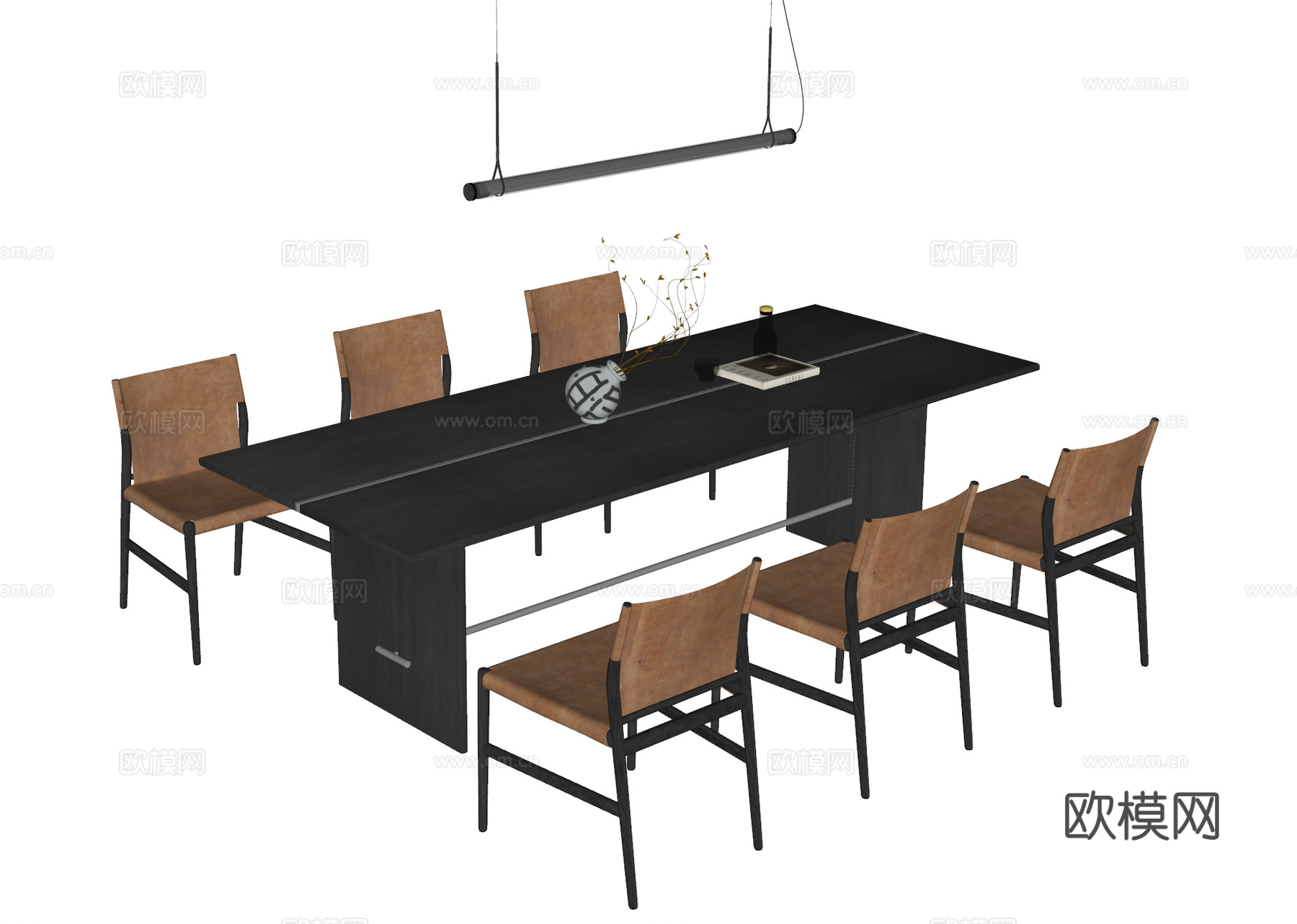 现代意式餐桌椅组合 长方形餐桌椅 吊灯 大板桌 皮革餐椅su模型