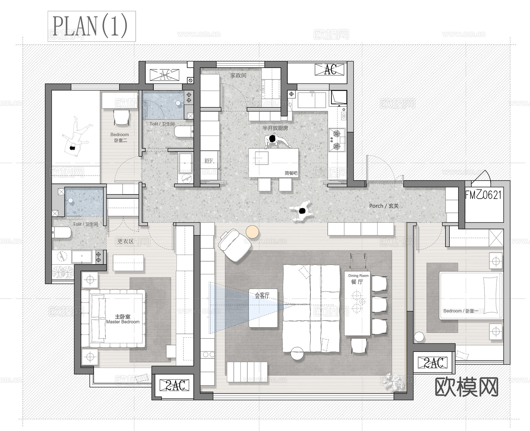 117㎡平层平面图 彩平图cad施工图