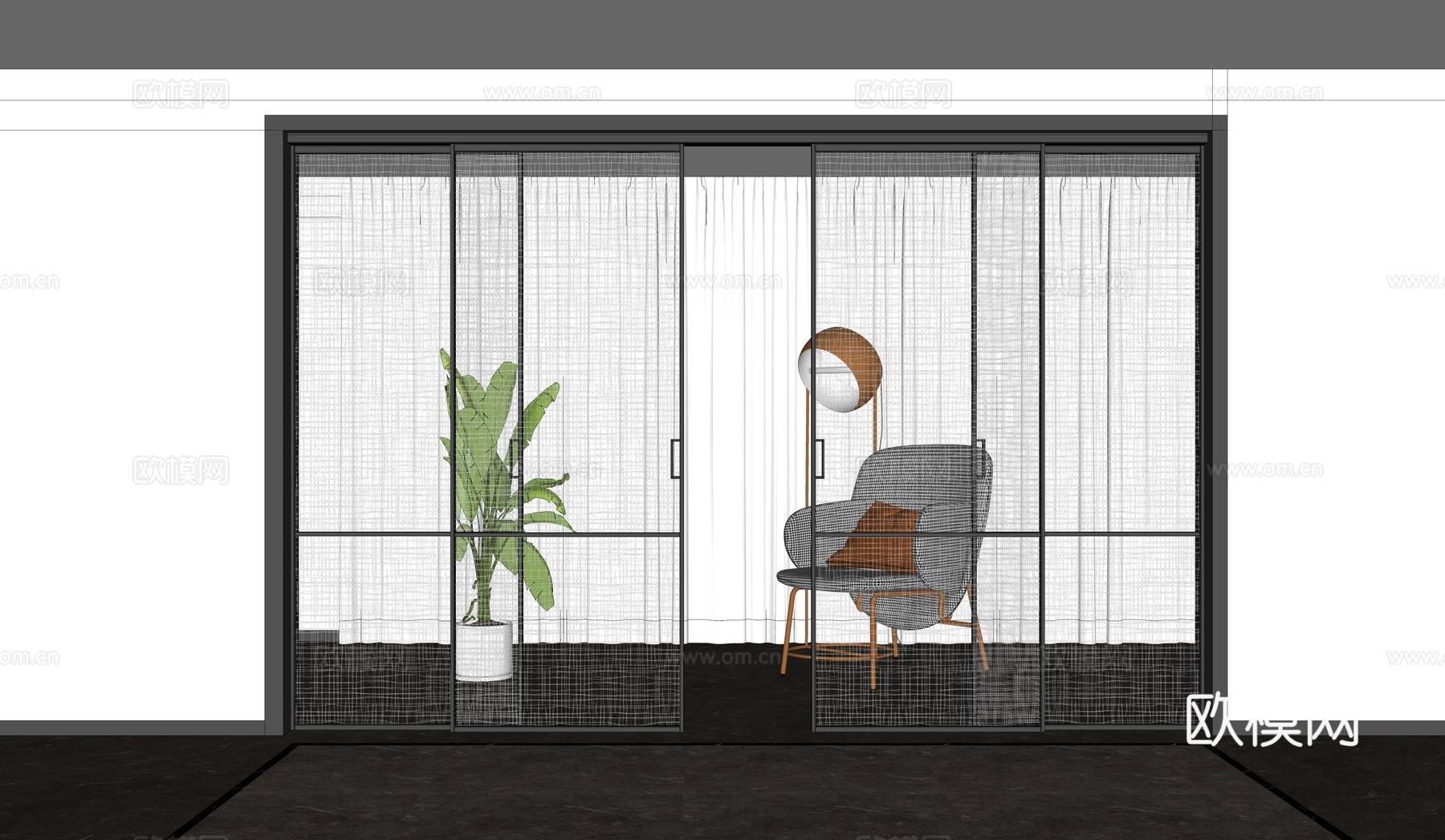 现代推拉玻璃门su模型