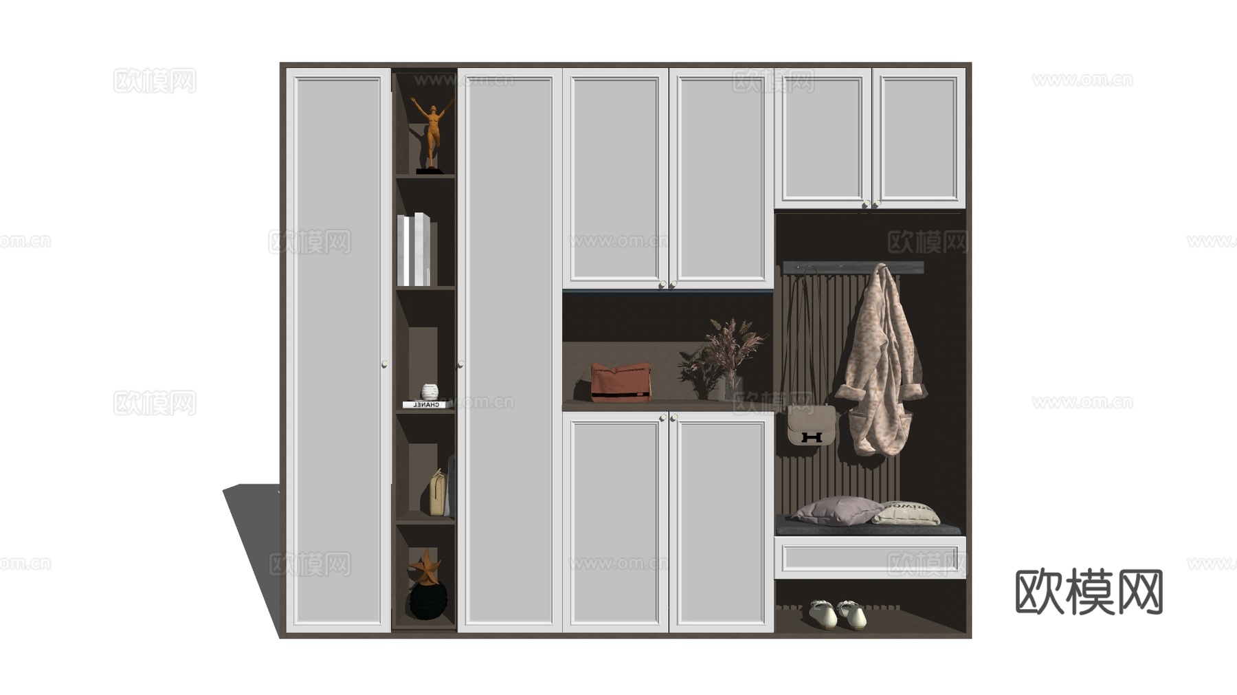 现代简约多功能储物柜 衣柜 带坐垫书架挂钩 小户型玄关卧室收su模型