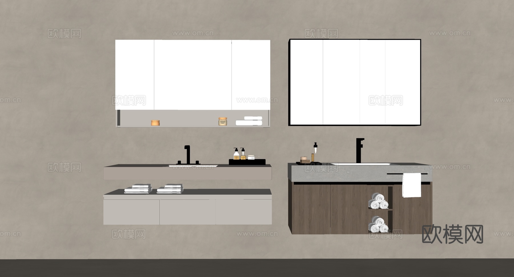 现代简约双台盆浴室柜 悬挂式 镜柜带灯su模型