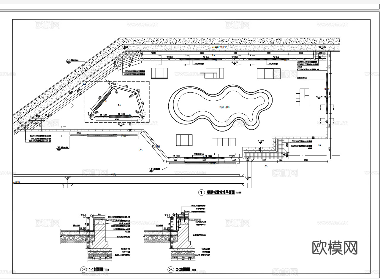 运动轮滑场地 最新全套施工图 效果图合集cad施工图