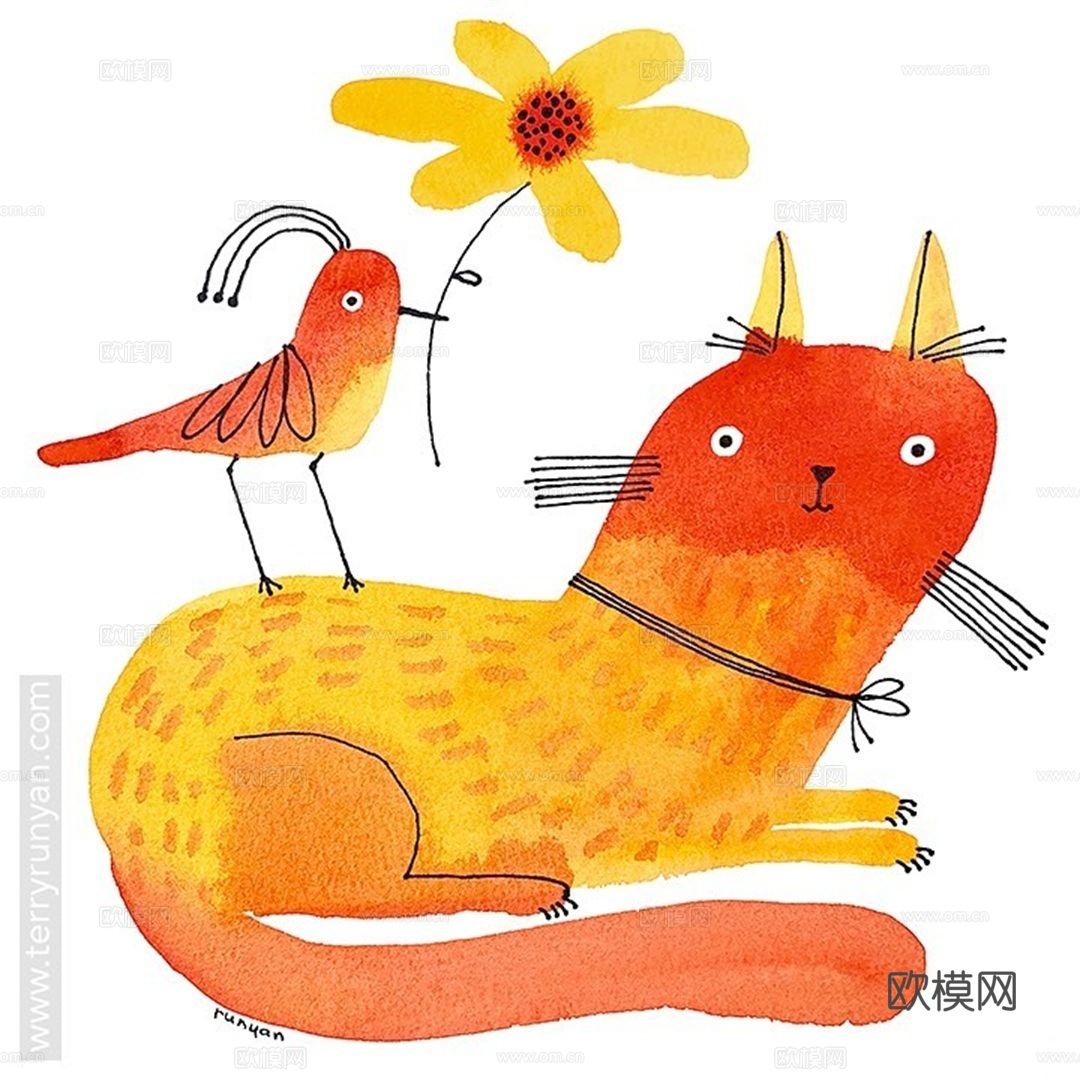 可爱动物手绘创意童趣插画猫咪动物插画治愈系插画可爱儿童插画下载