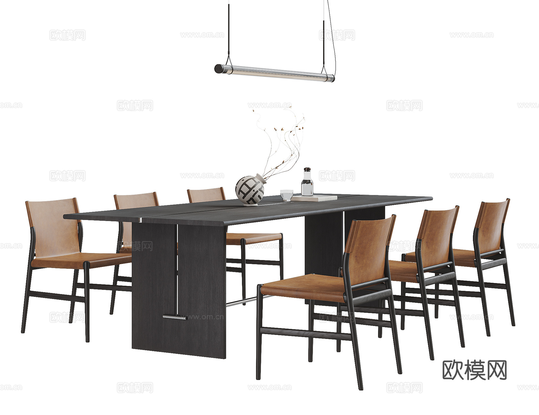 现代意式餐桌椅组合 长方形餐桌椅 吊灯 大板桌 皮革餐椅su模型