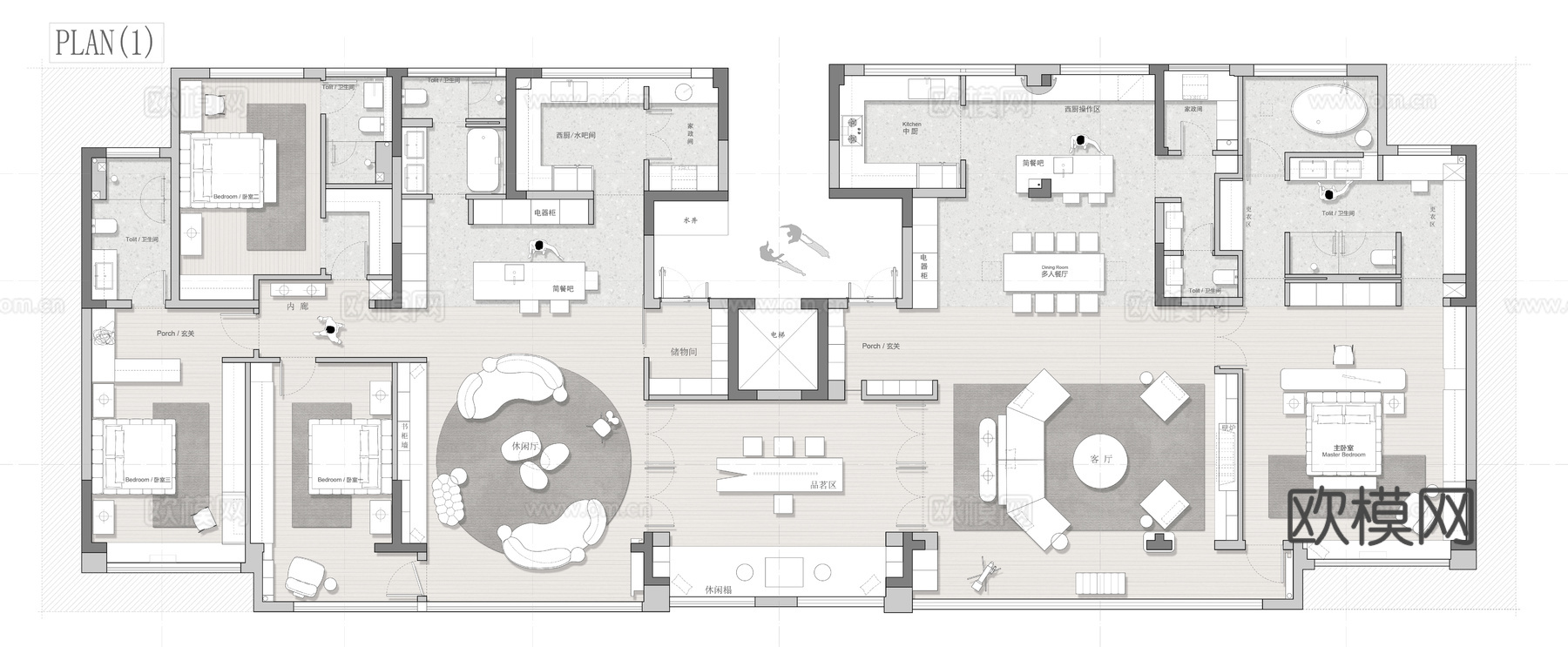 390㎡大平层 平面图 彩平图cad施工图