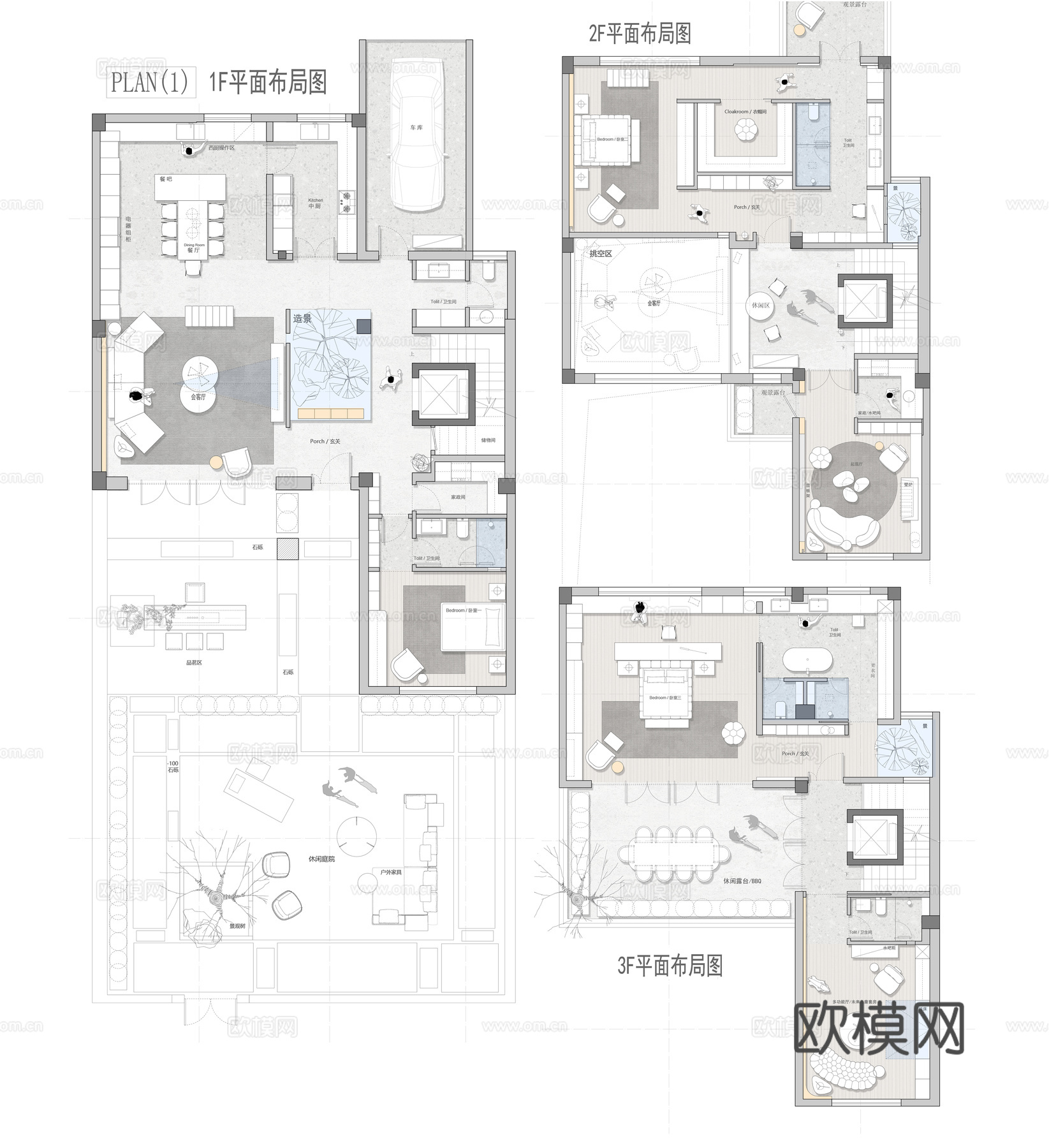700㎡连排别墅 平面图 彩平图cad施工图