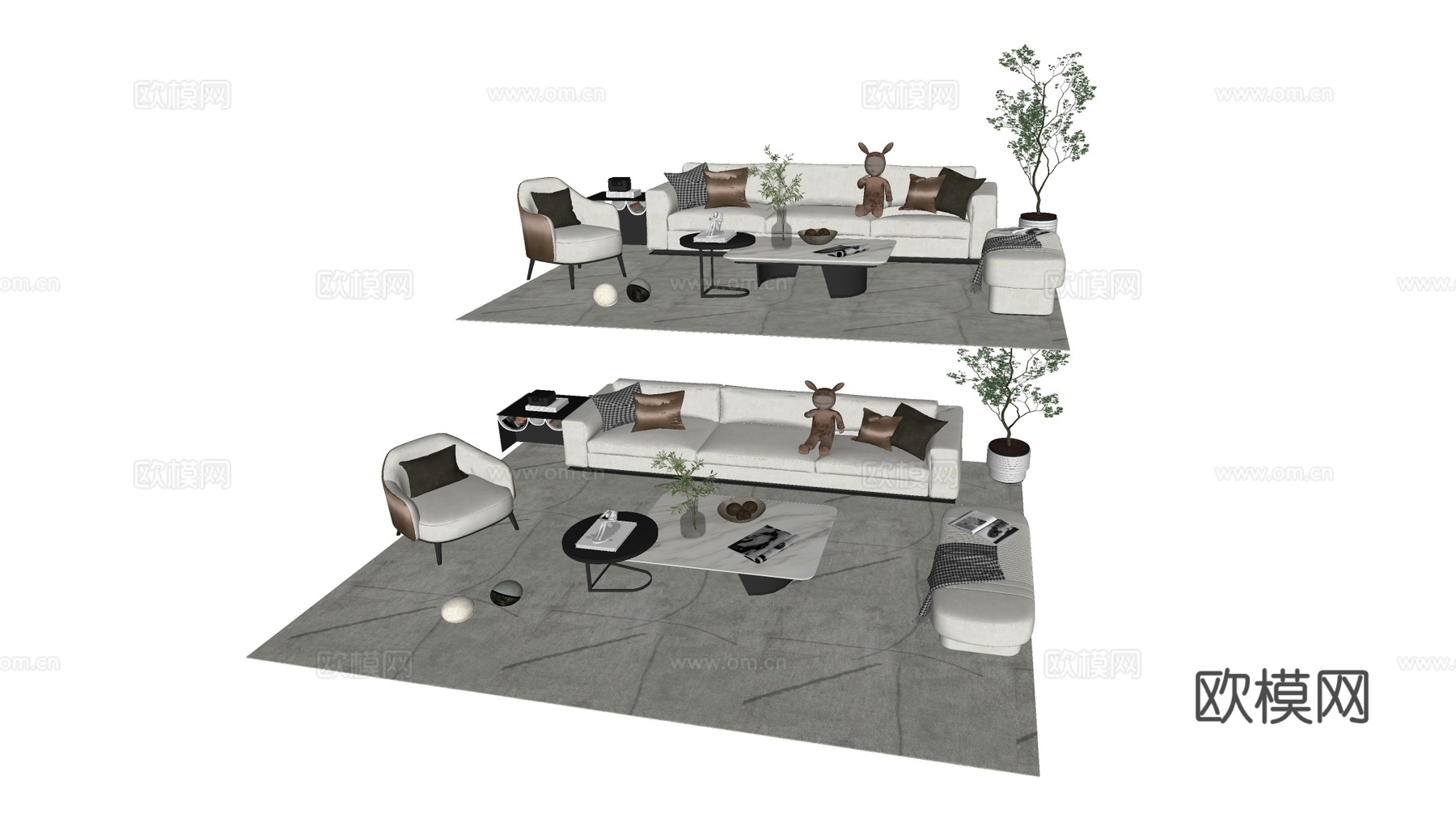 现代简约客厅沙发 L型布艺沙发 岩板茶几su模型