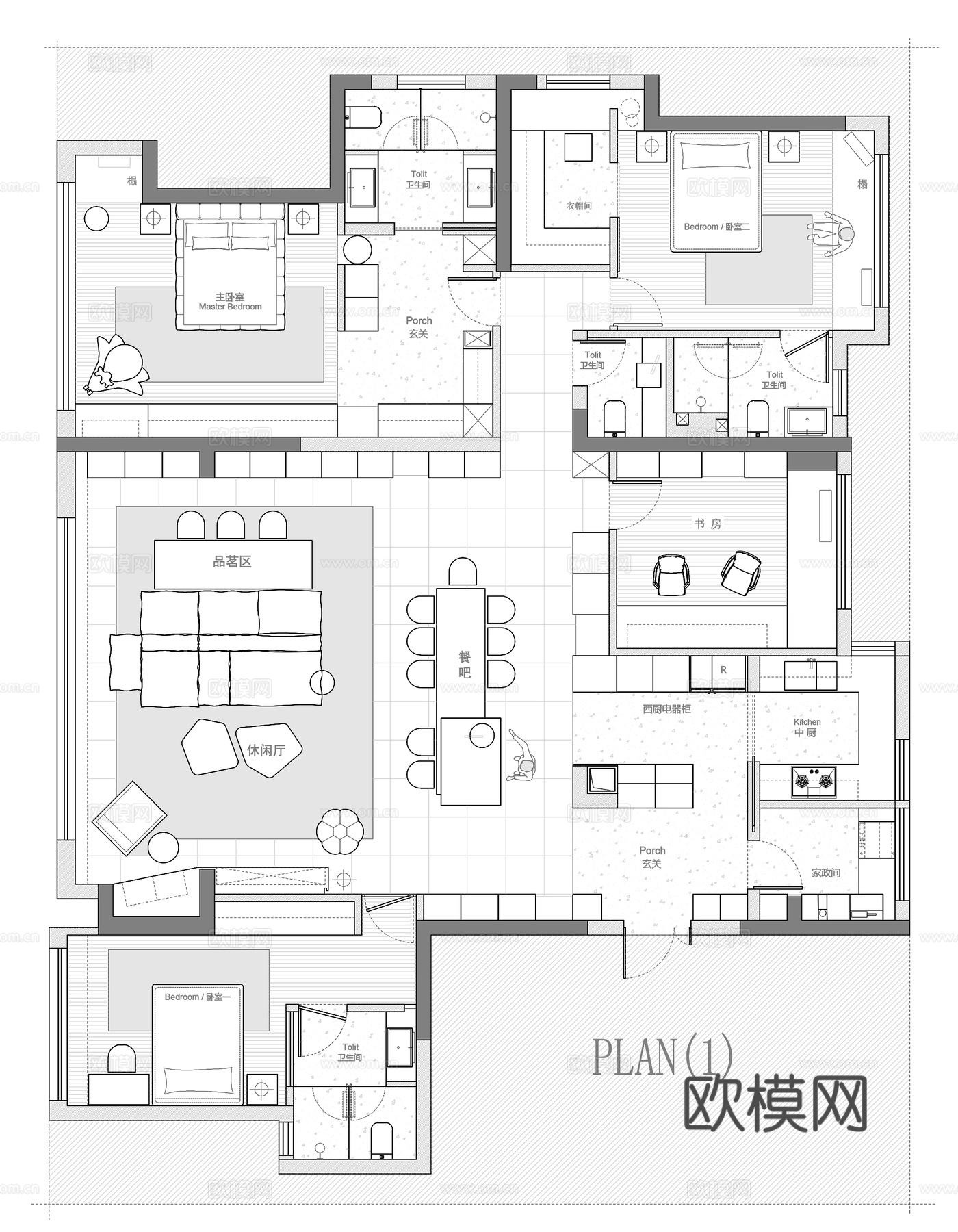 201㎡大平层平面图cad施工图