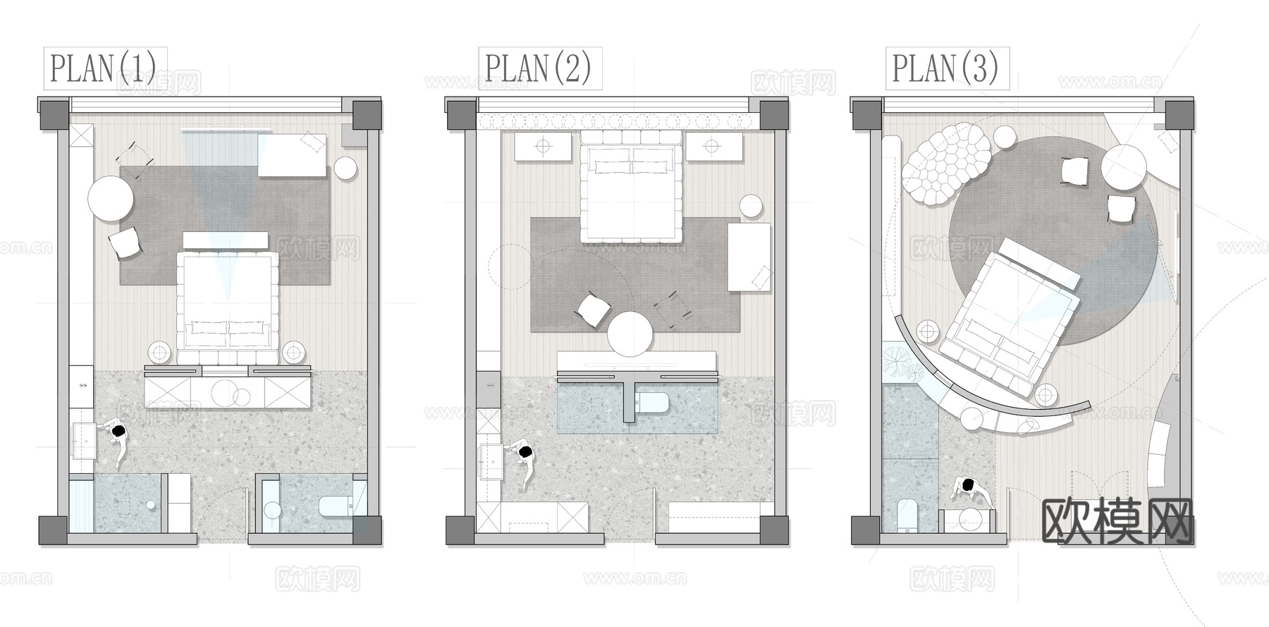 45㎡房间 平面方案 彩平图cad施工图