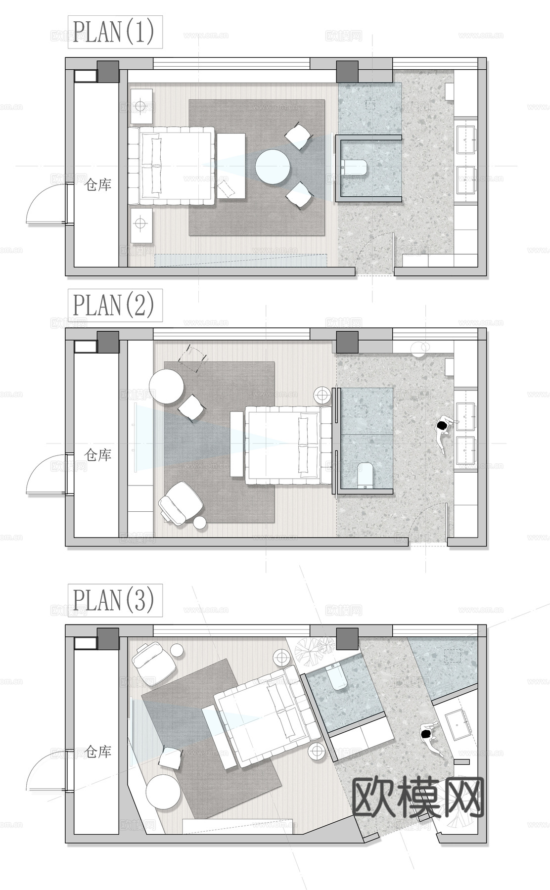 40㎡房间平面图 彩平图 三版方案cad施工图