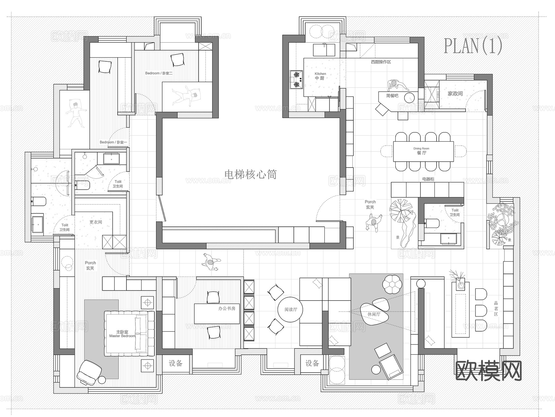 215㎡两套打通 平面图cad施工图
