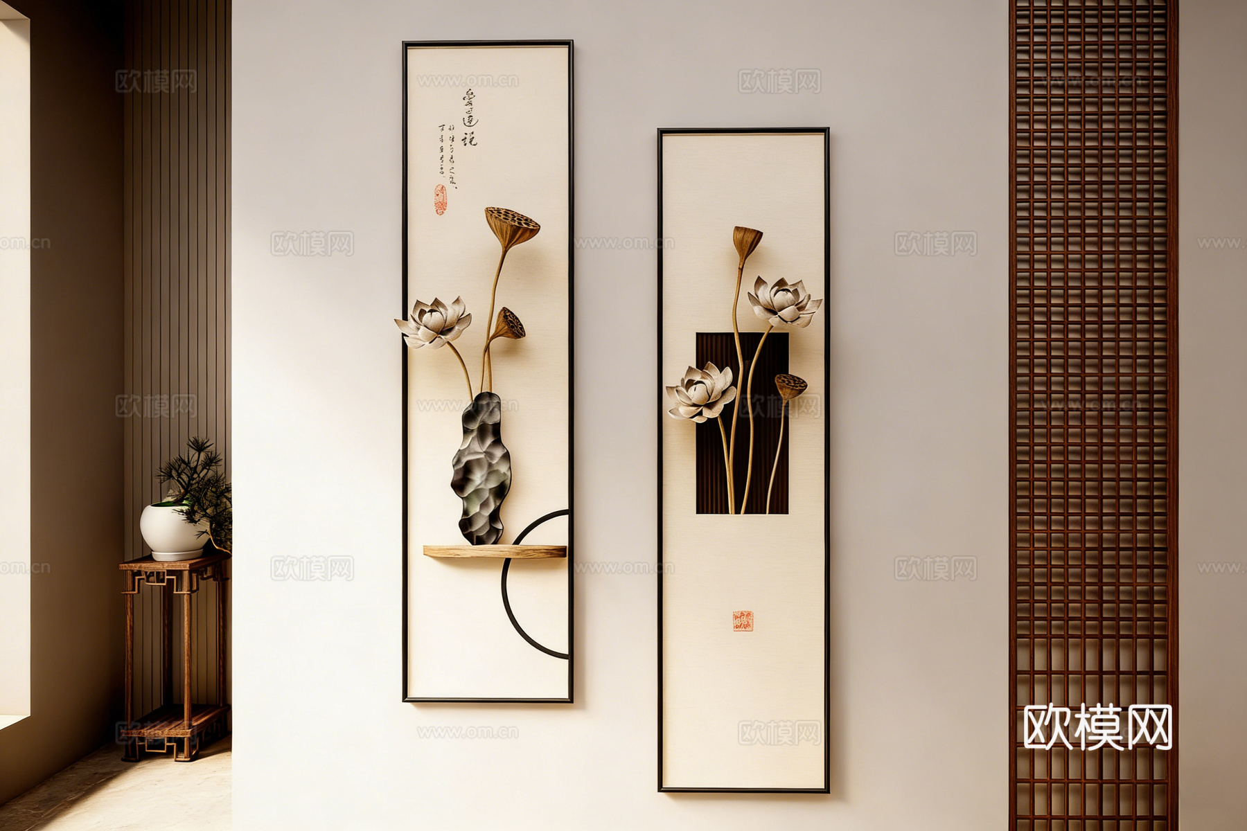 新中式荷花主题装饰画 禅意字画 实木架花瓶 茶室背景墙软装su模型