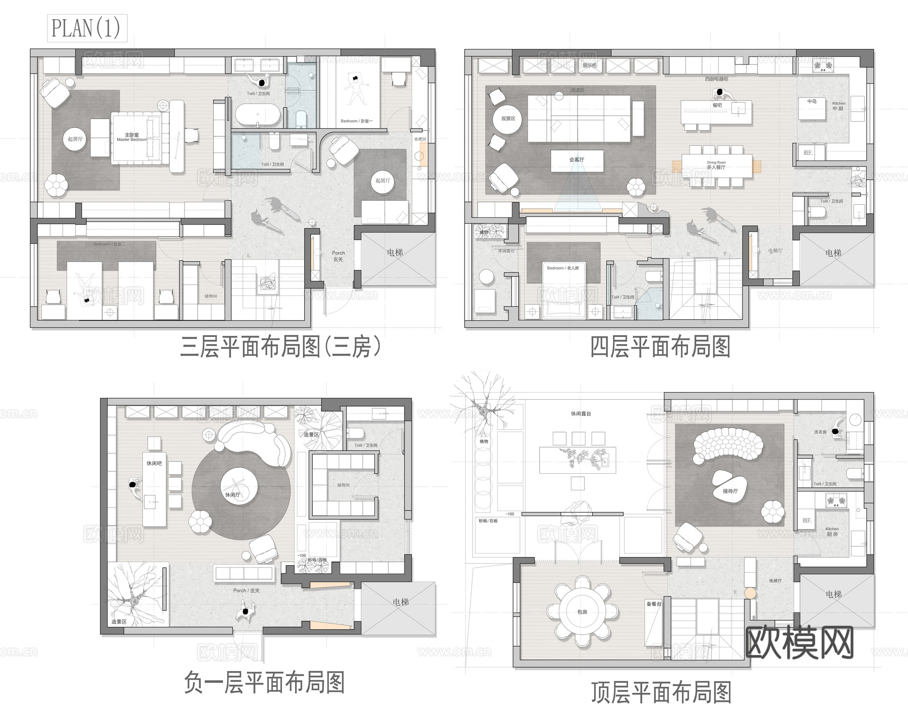 400㎡上叠别墅 平面图 彩平图cad施工图