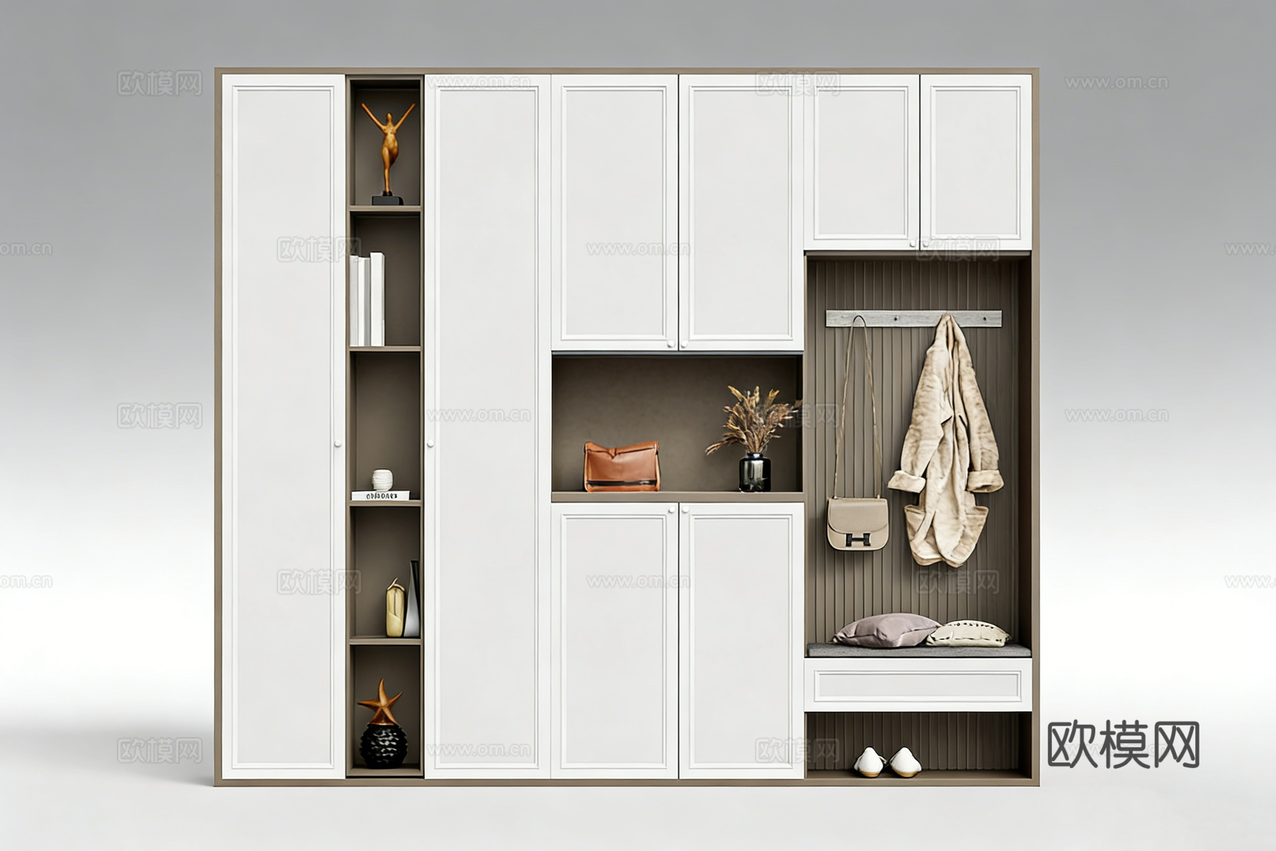 现代简约多功能储物柜 衣柜 带坐垫书架挂钩 小户型玄关卧室收su模型