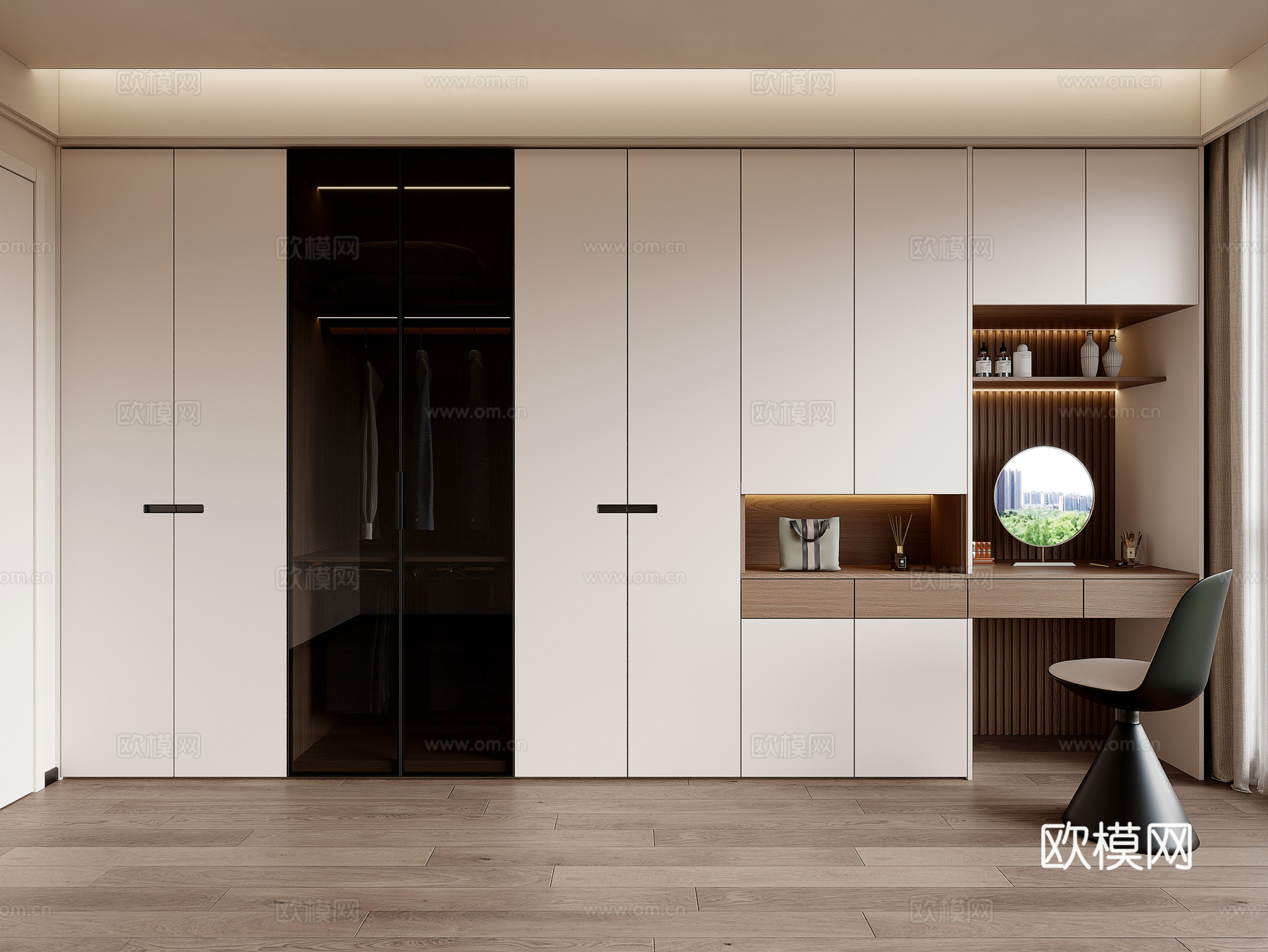 现代卧室衣柜  衣柜梳妆台 玻璃门衣柜  床尾衣柜梳妆台su模型