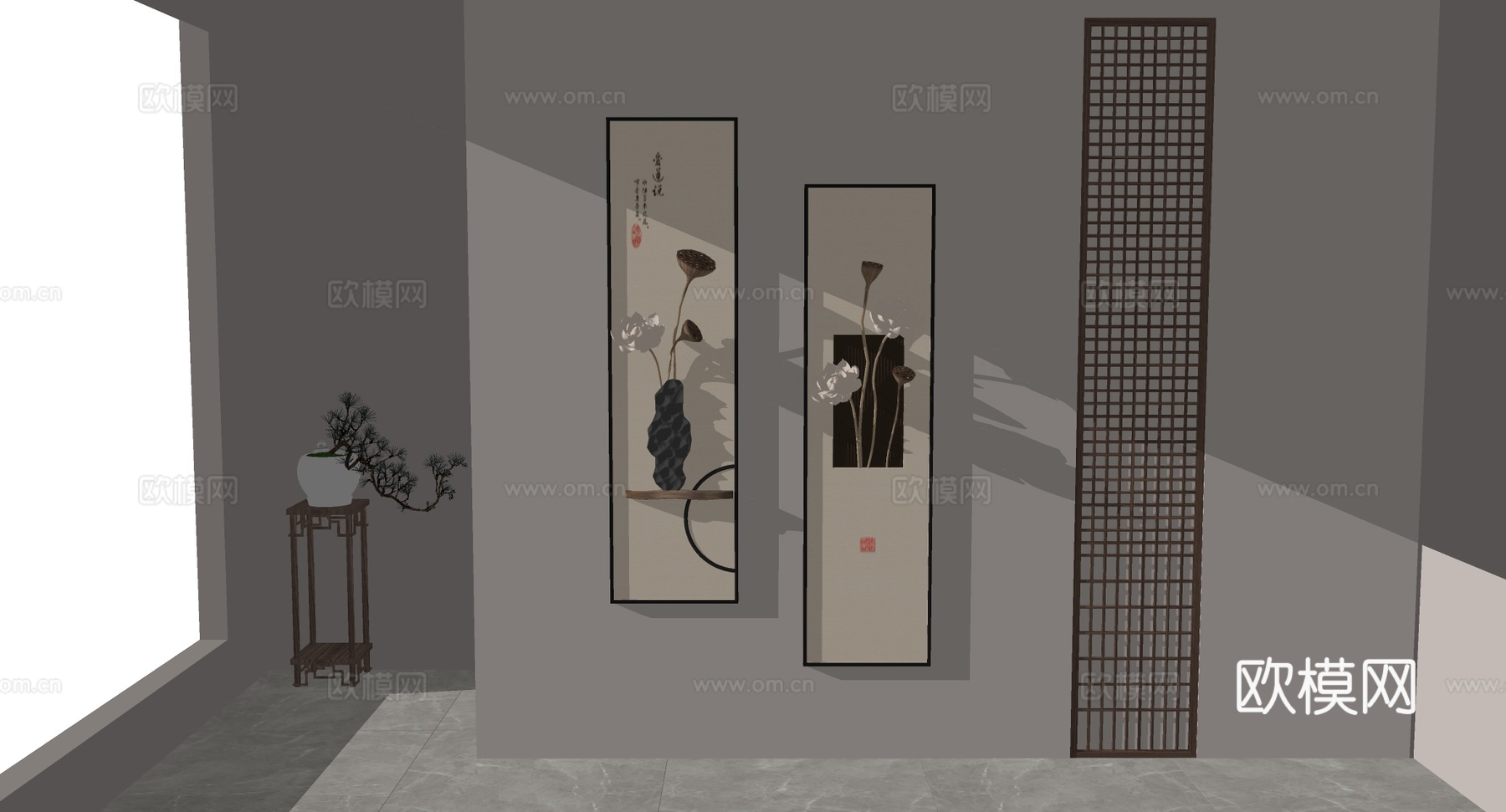 新中式荷花主题装饰画 禅意字画 实木架花瓶 茶室背景墙软装su模型