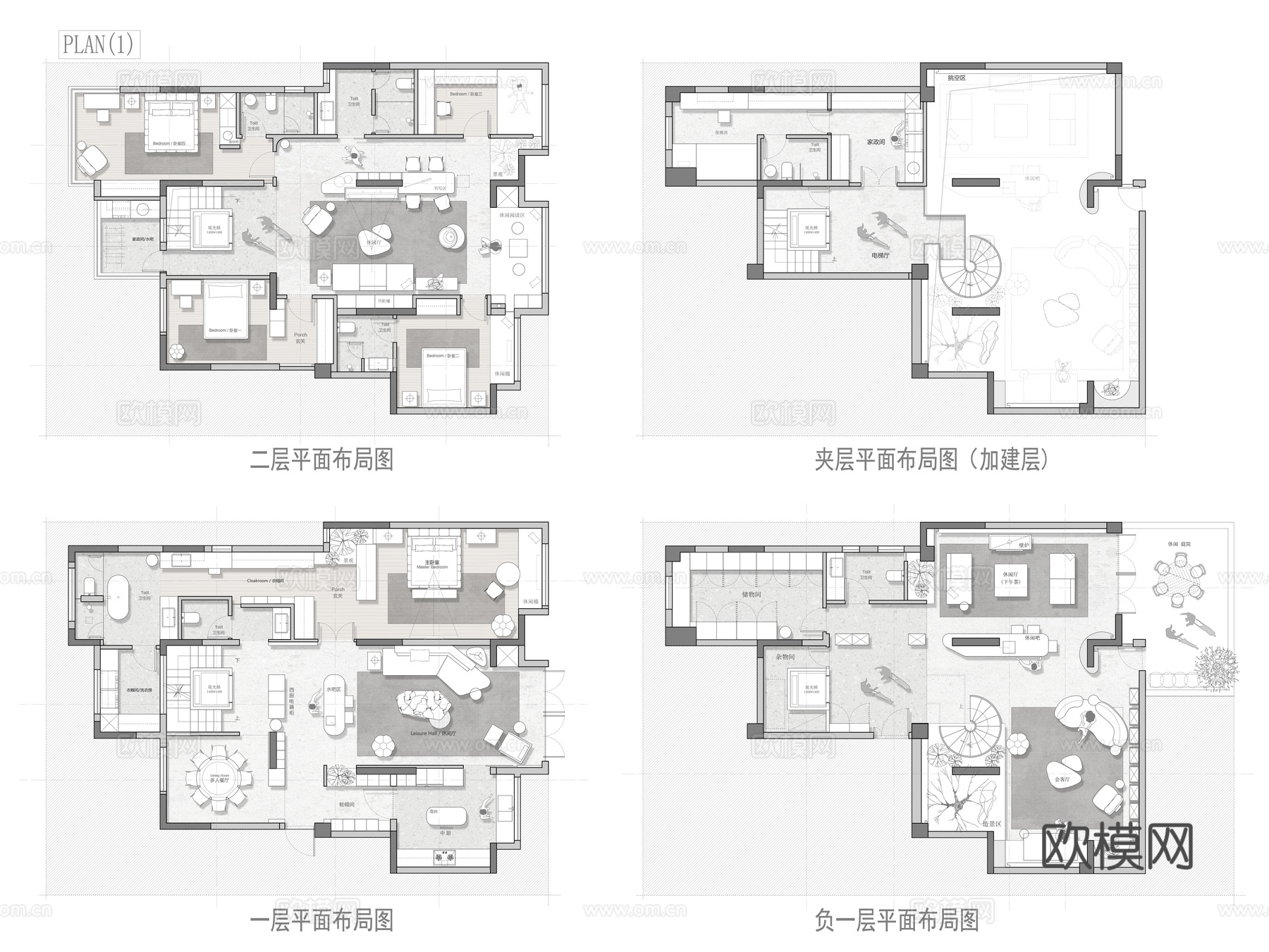 450㎡下叠别墅 平面图 彩平图cad施工图