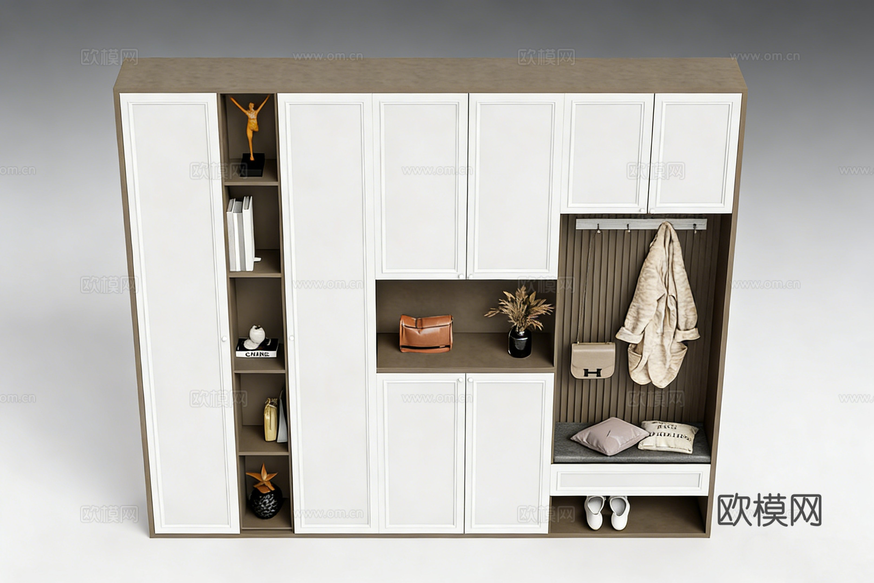 现代简约多功能储物柜 衣柜 带坐垫书架挂钩 小户型玄关卧室收su模型