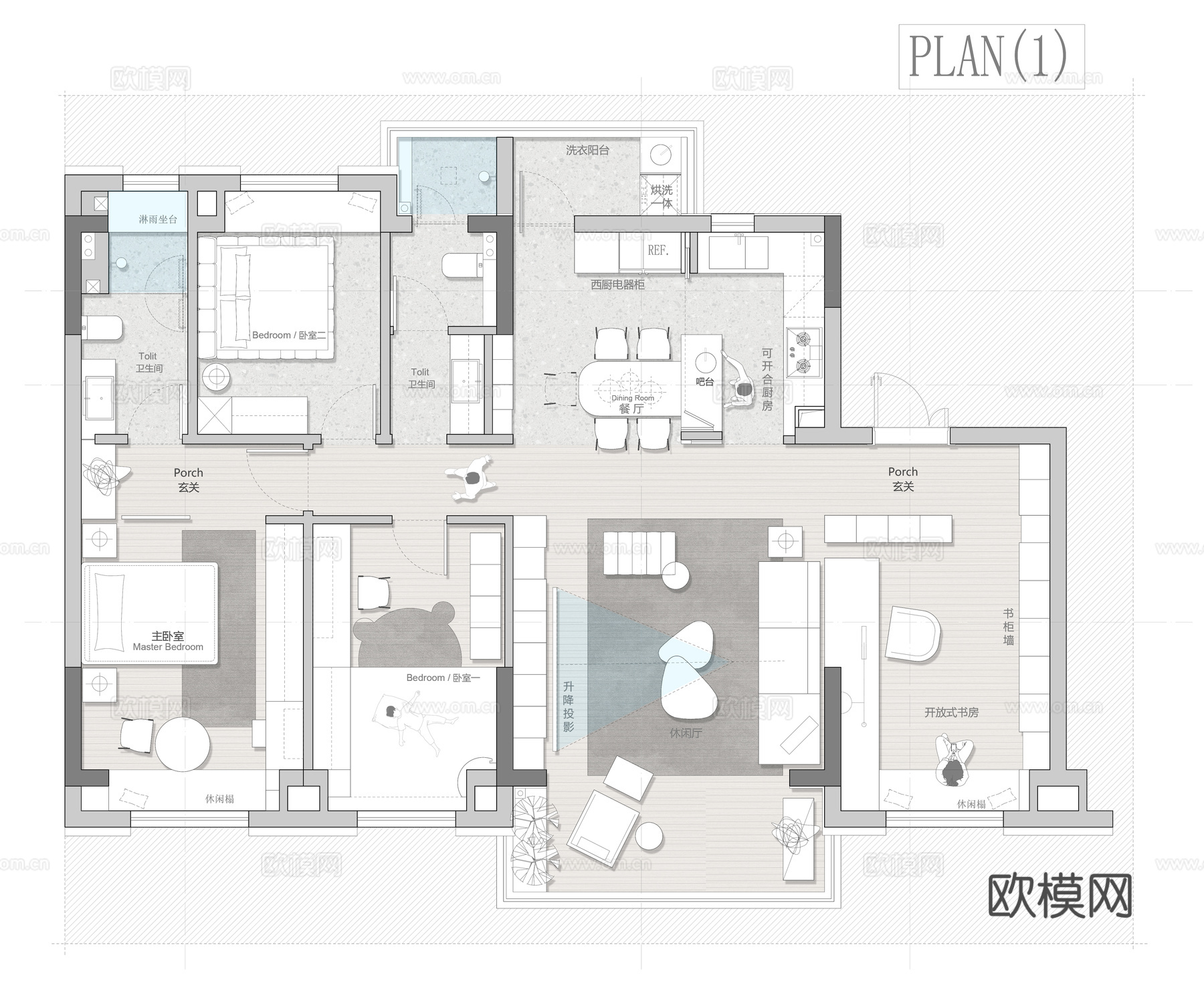 137㎡平层平面图 彩平图cad施工图