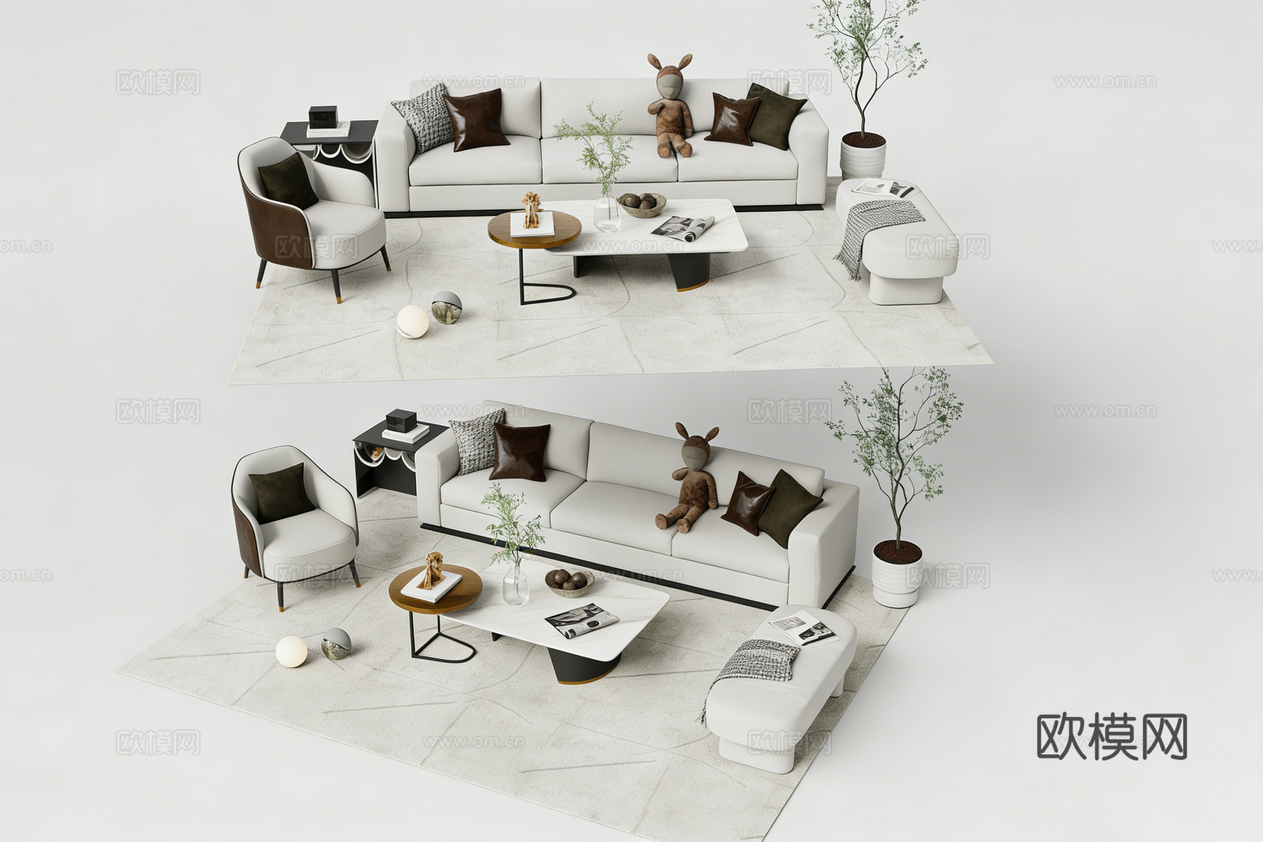 现代简约客厅沙发 L型布艺沙发 岩板茶几su模型