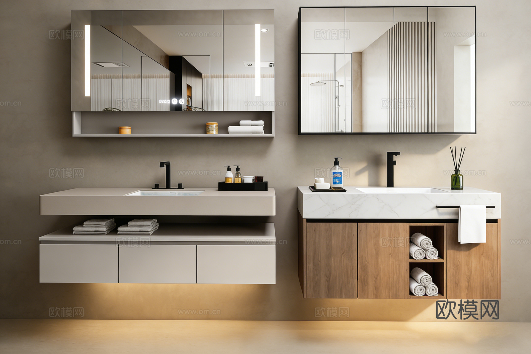 现代简约双台盆浴室柜 悬挂式 镜柜带灯su模型