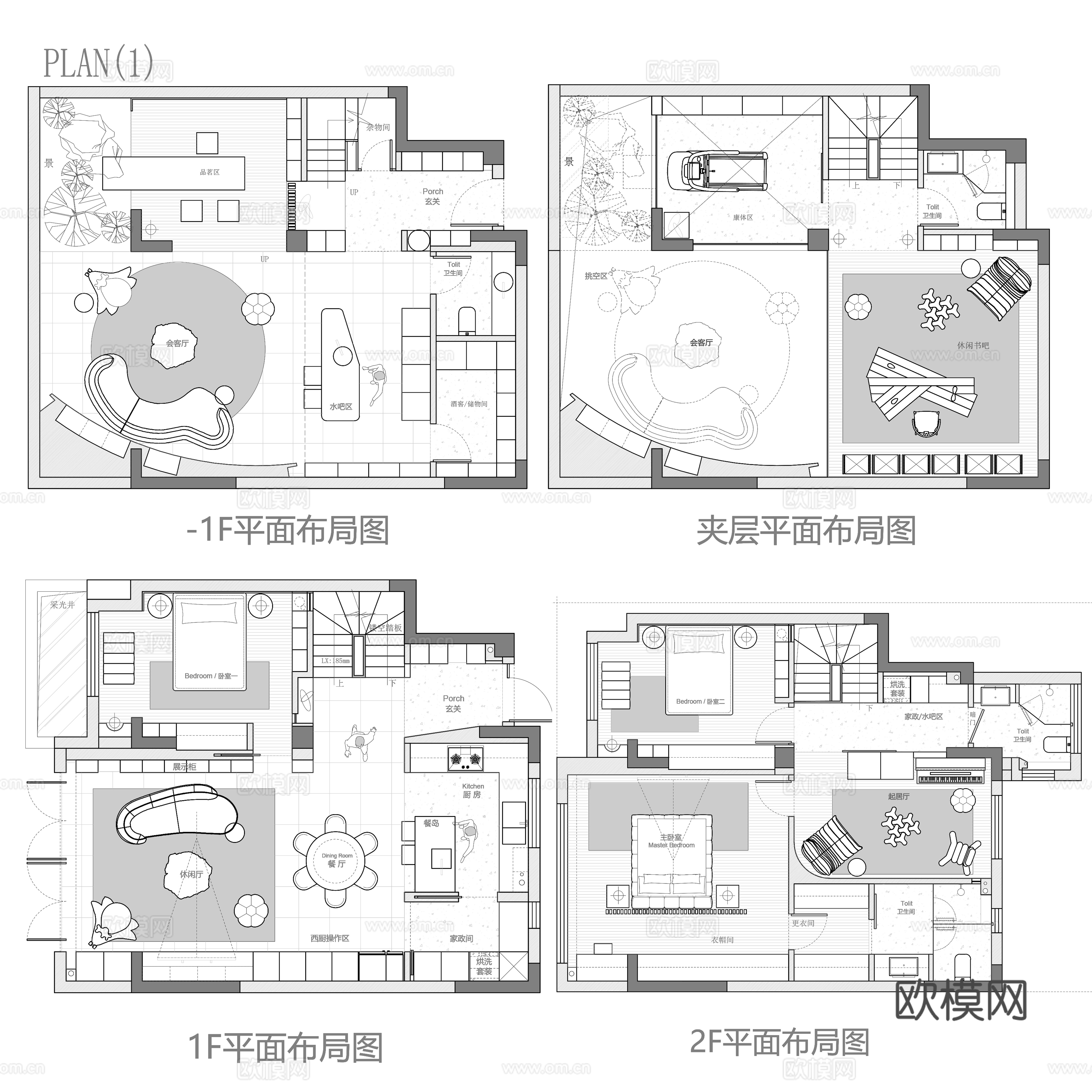 300平下叠别墅 平面图cad施工图