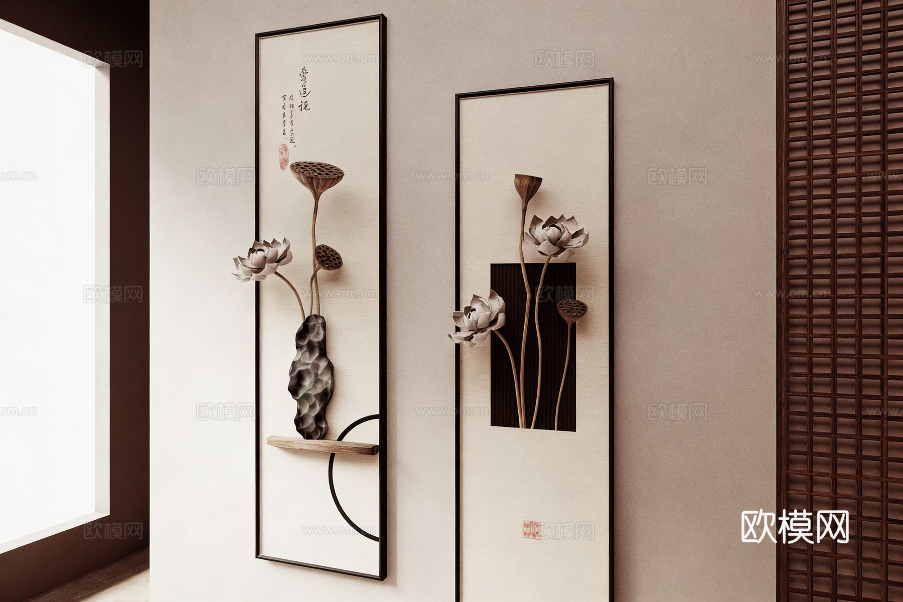 新中式荷花主题装饰画 禅意字画 实木架花瓶 茶室背景墙软装su模型