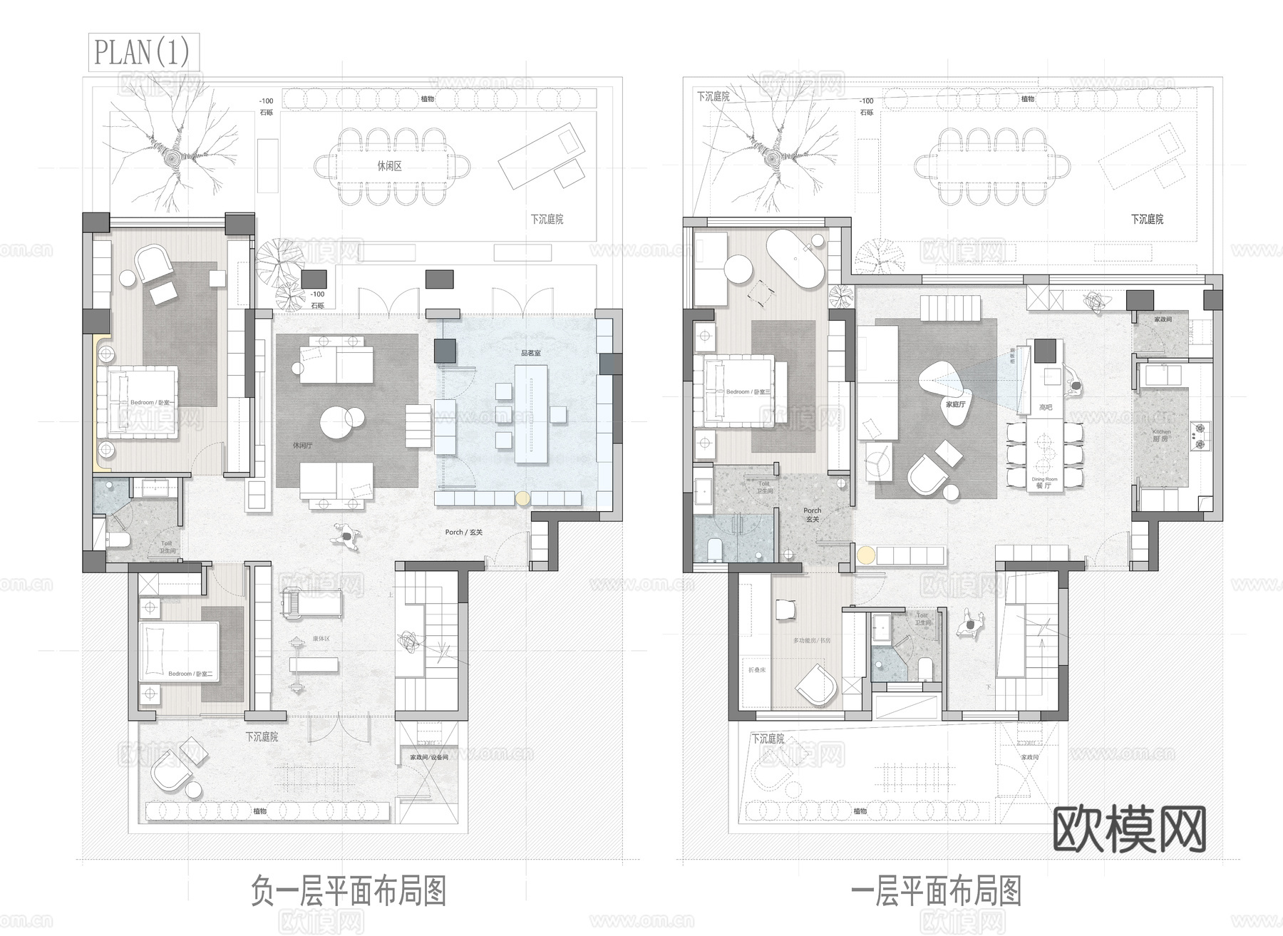 340㎡下叠别墅 平面图 彩平图cad施工图