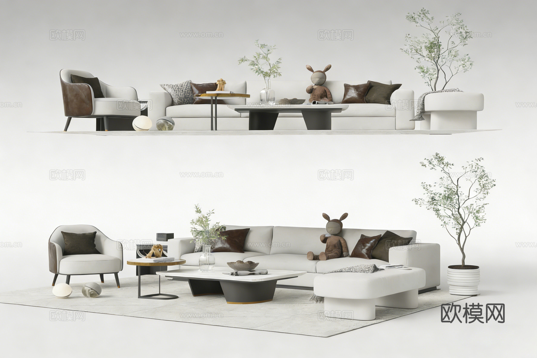 现代简约客厅沙发 L型布艺沙发 岩板茶几su模型