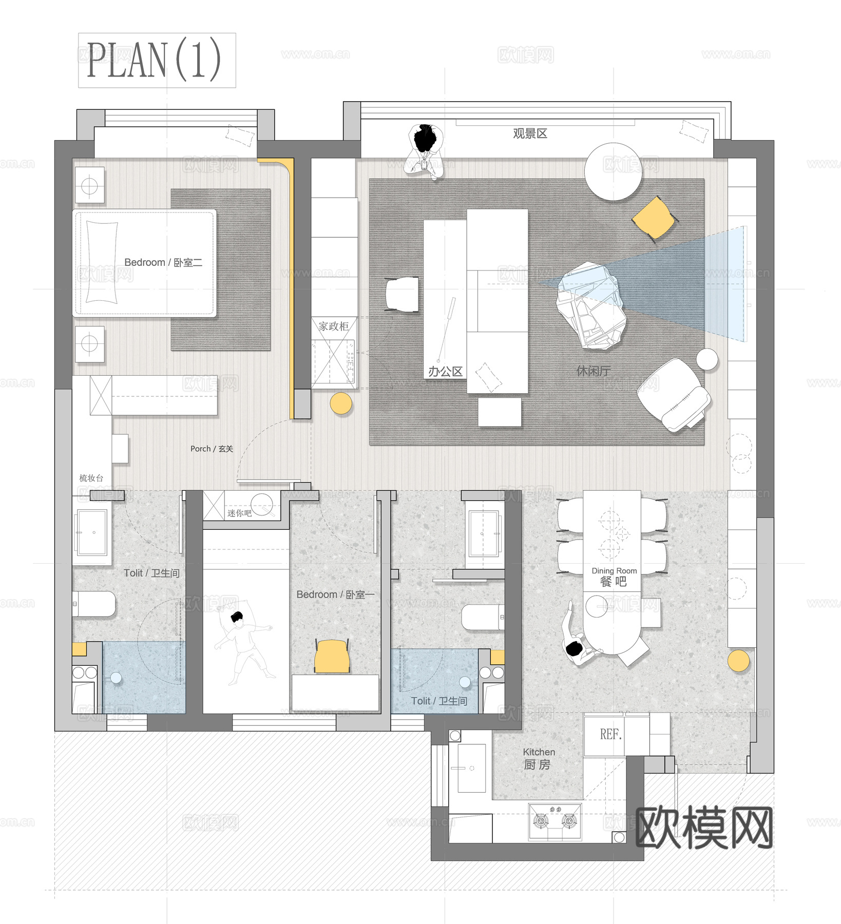 90㎡平层平面图 彩平图cad施工图