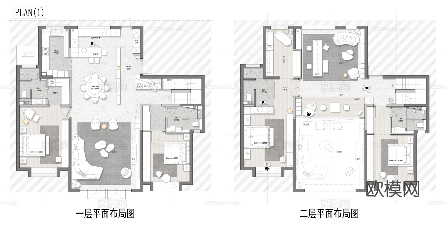 330㎡复式平面图 彩平图cad施工图