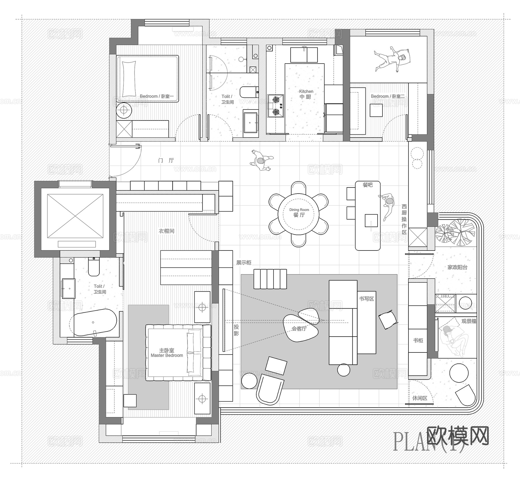 147㎡平层 平面图cad施工图下载