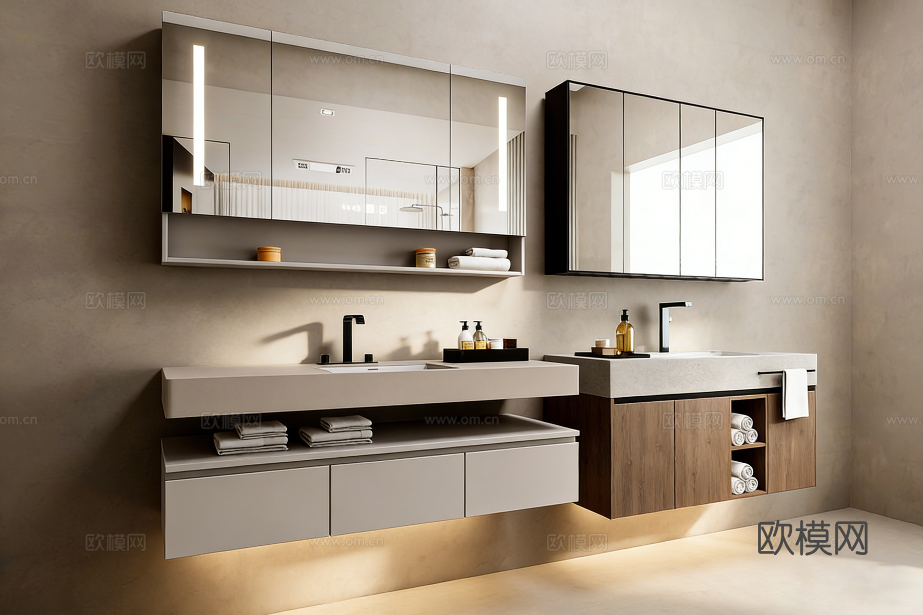 现代简约双台盆浴室柜 悬挂式 镜柜带灯su模型
