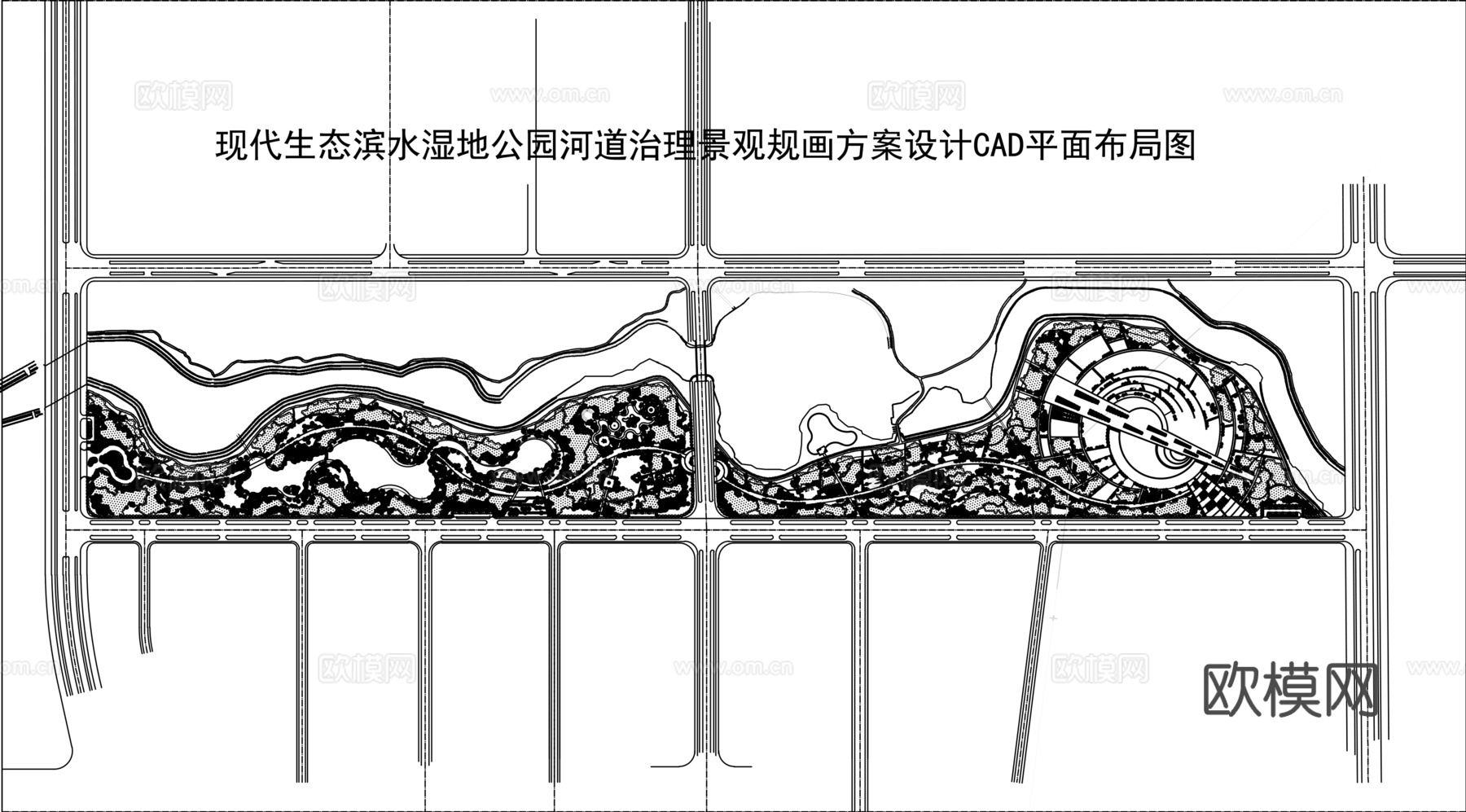 现代生态滨水湿地公园河道景观CAD平面布局图cad施工图