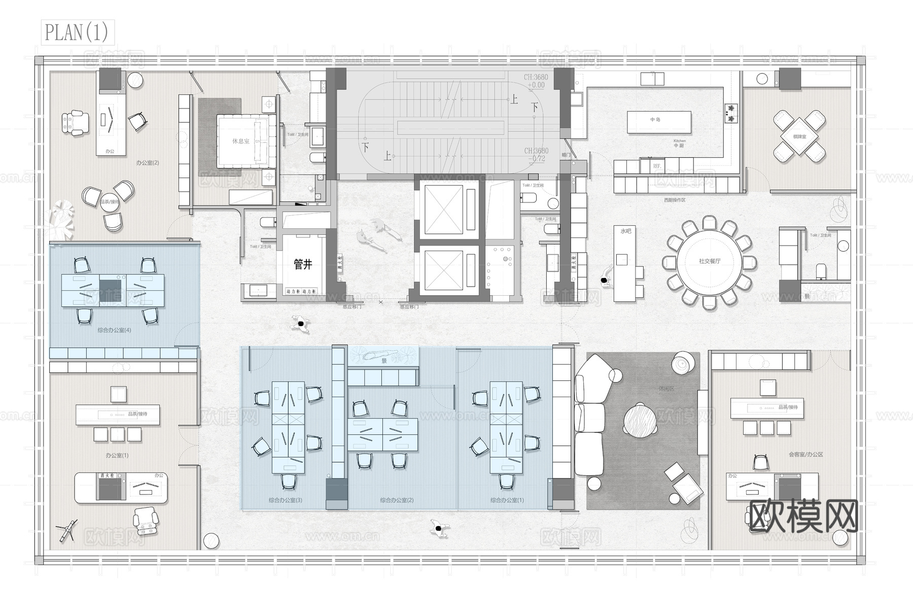 450㎡大平层办公室平面图 彩平图cad施工图
