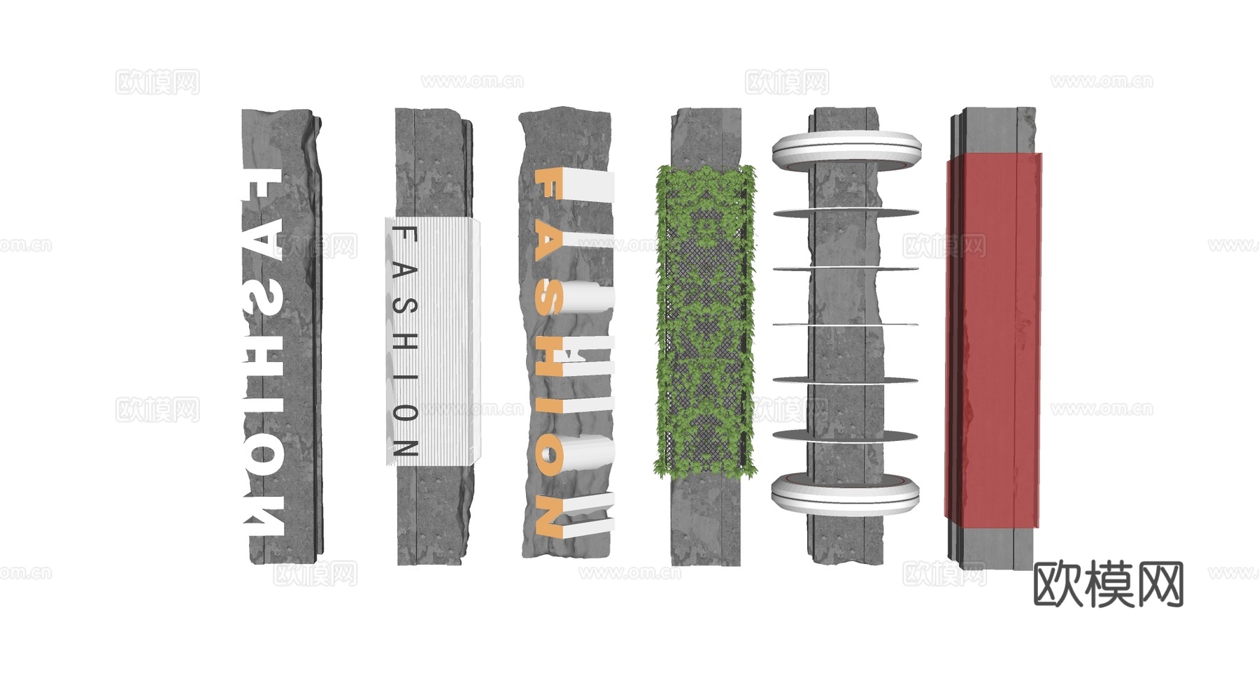 多材质创意立体字 金属发光植绒 植物墙 店铺标识艺术装置su模型