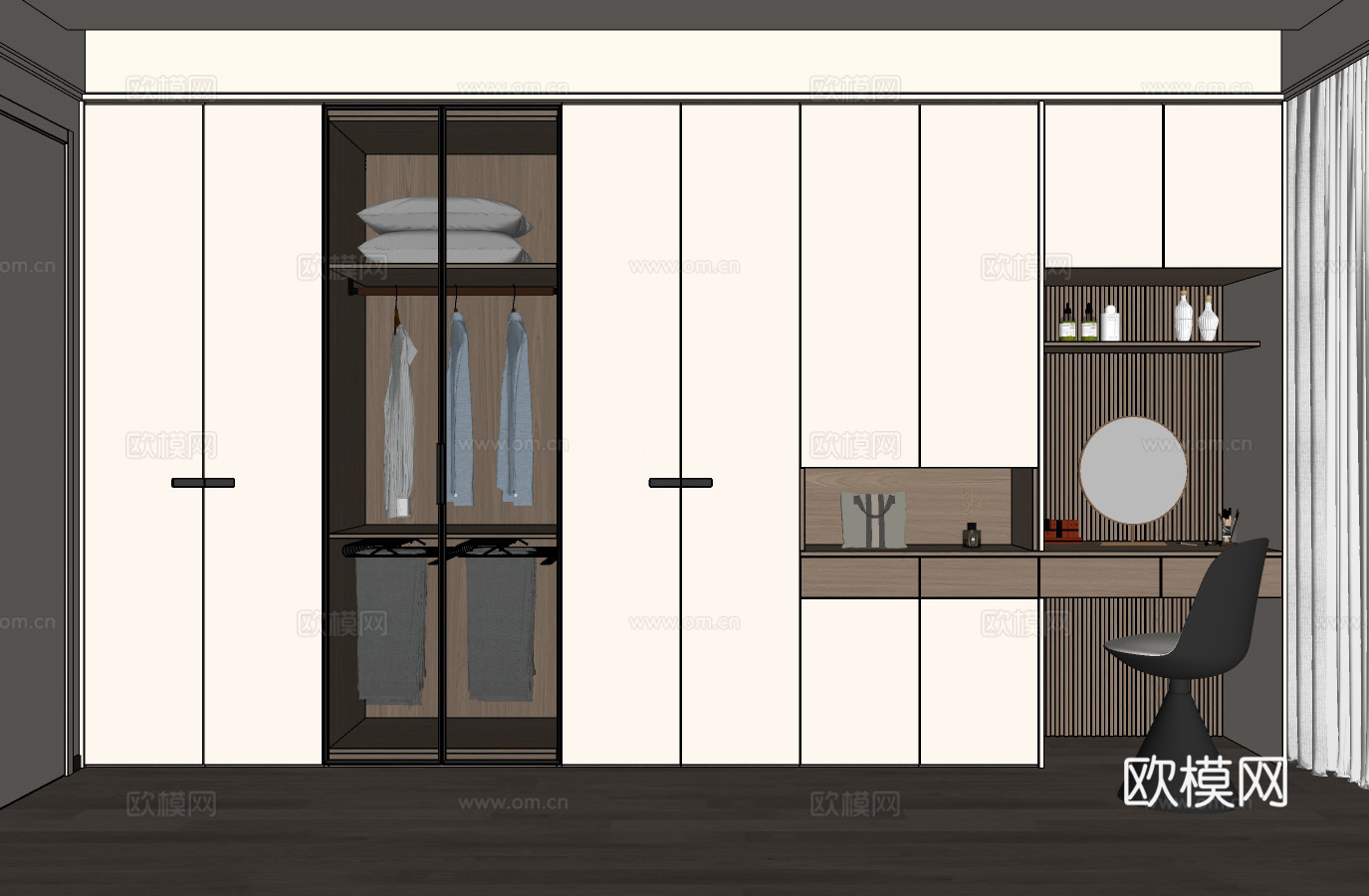现代卧室衣柜  衣柜梳妆台 玻璃门衣柜  床尾衣柜梳妆台su模型