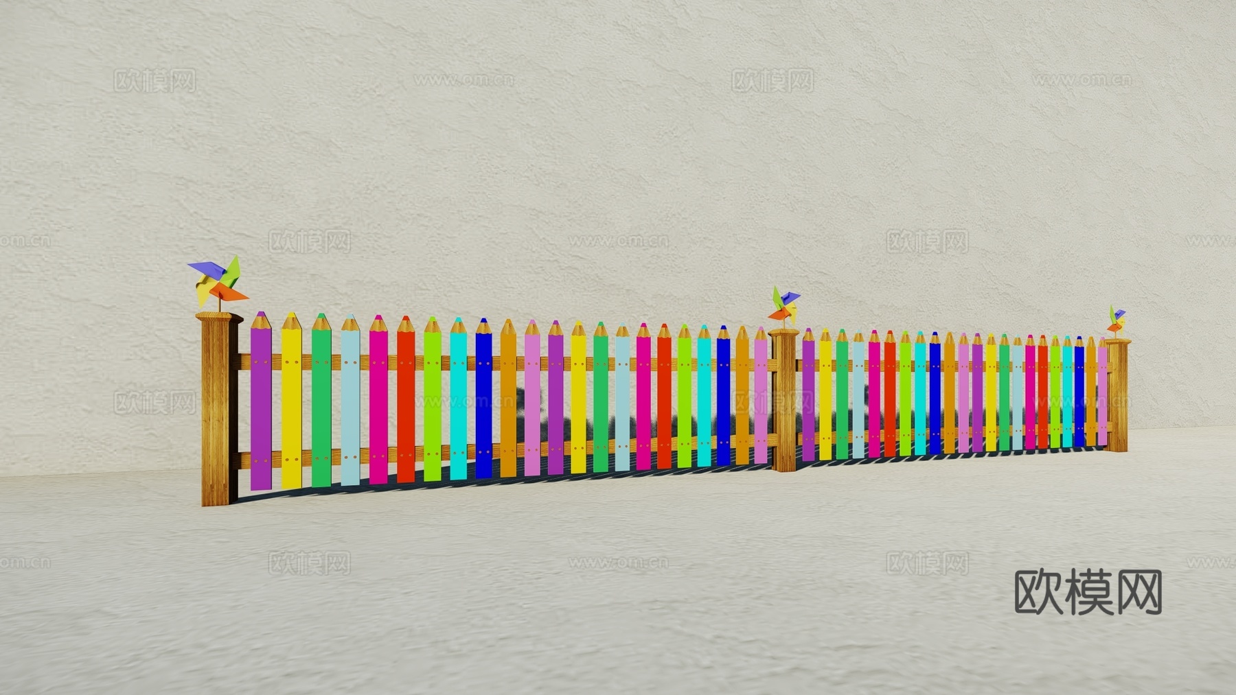 现代生态户外卡通木质栏杆动物围栏护栏彩色花朵儿童栅栏田园草地su模型