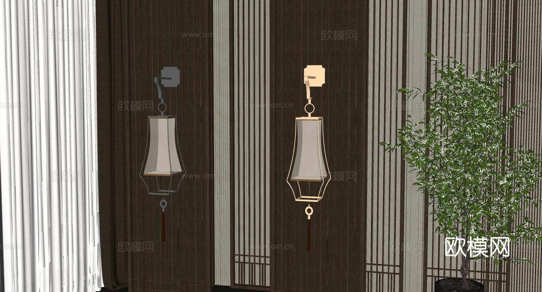 新中式流苏壁灯 金色金属陶瓷灯罩 酒店会所背景墙装饰灯su模型