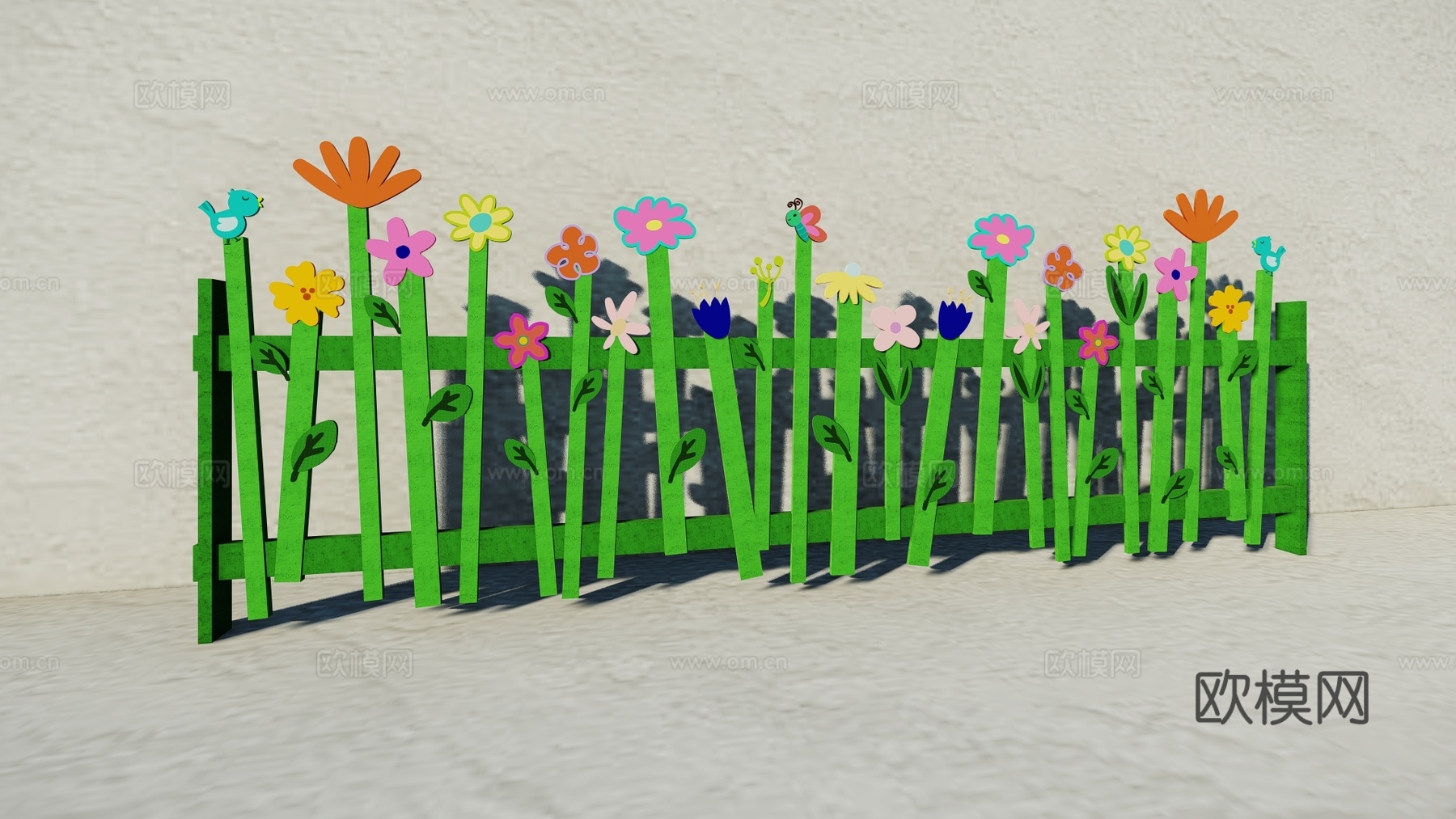 现代生态户外卡通木质栏杆动物围栏护栏彩色花朵儿童栅栏田园草地su模型