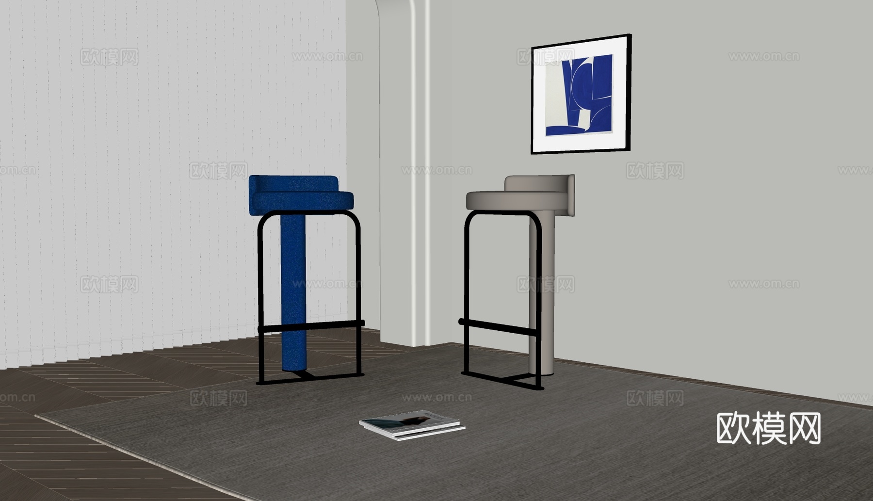 现代吧椅 布艺吧椅 装饰画su模型