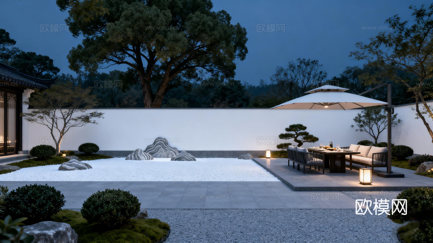 新中式别墅庭院，一楼小院，院子，外景，窗景，