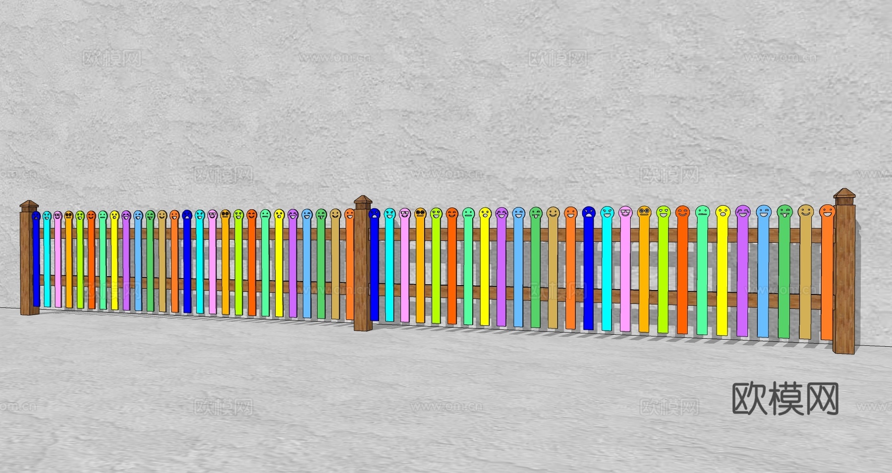 现代生态户外卡通木质栏杆动物围栏护栏彩色花朵儿童栅栏田园草地su模型