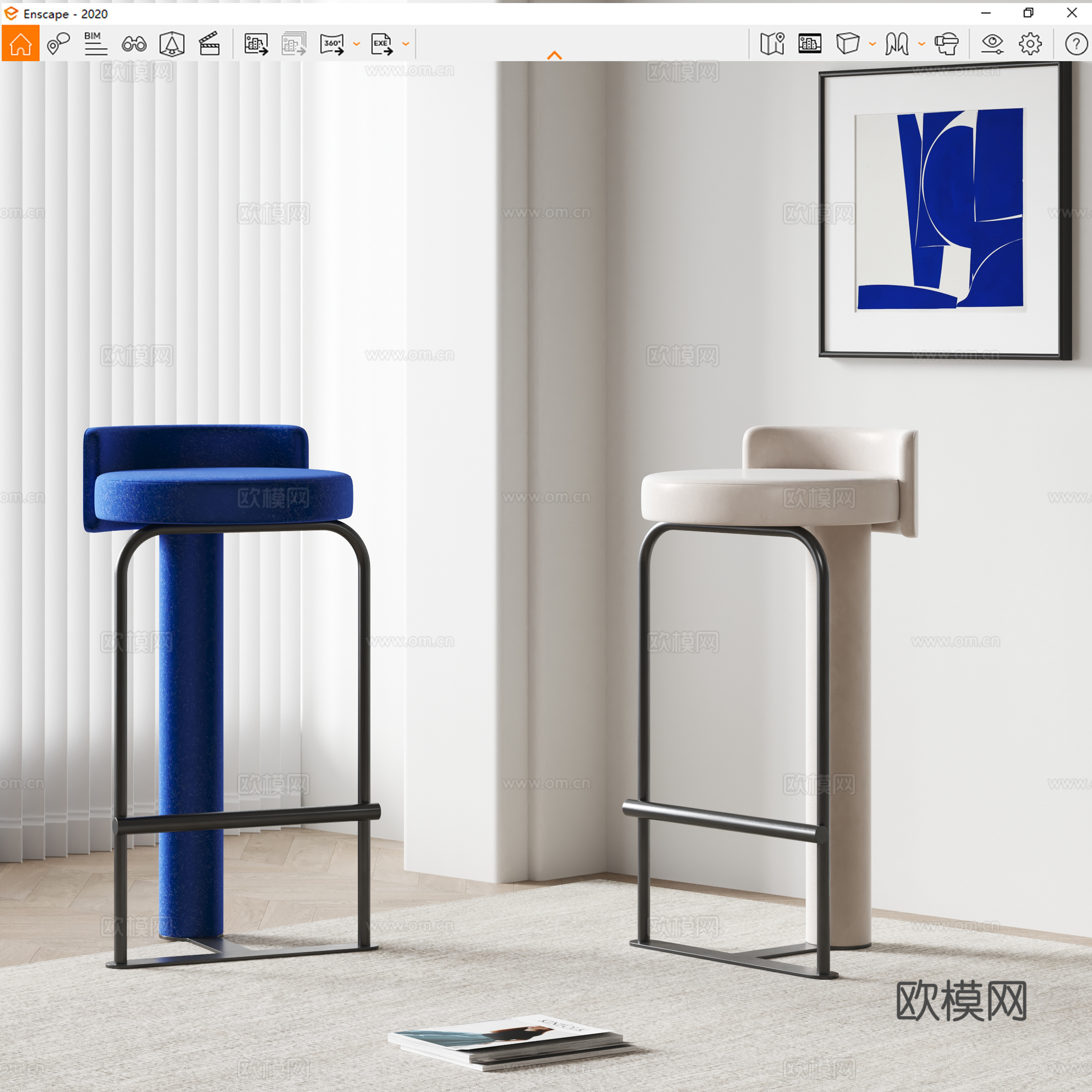 现代吧椅 布艺吧椅 装饰画su模型