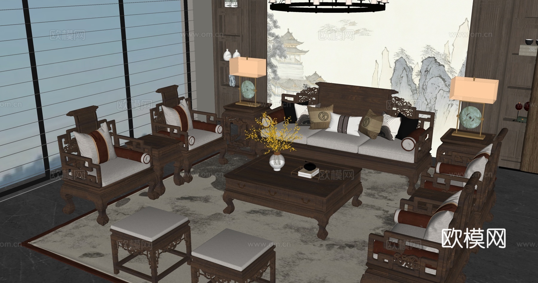 新中式客厅 沙发 实木沙发 中式沙发su模型