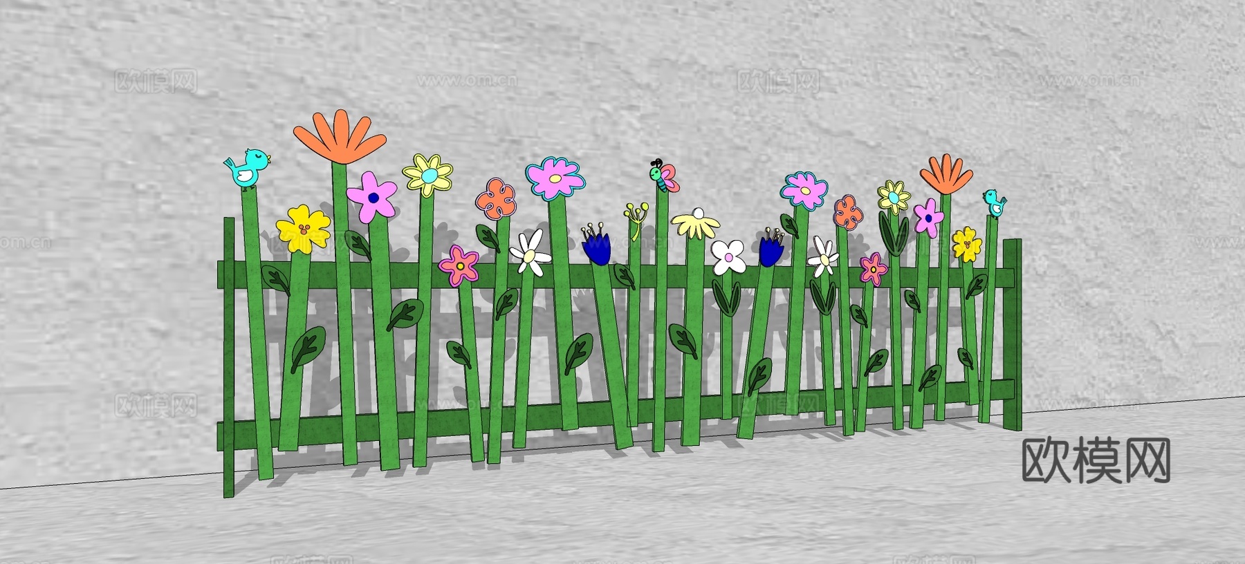 现代生态户外卡通木质栏杆动物围栏护栏彩色花朵儿童栅栏田园草地su模型