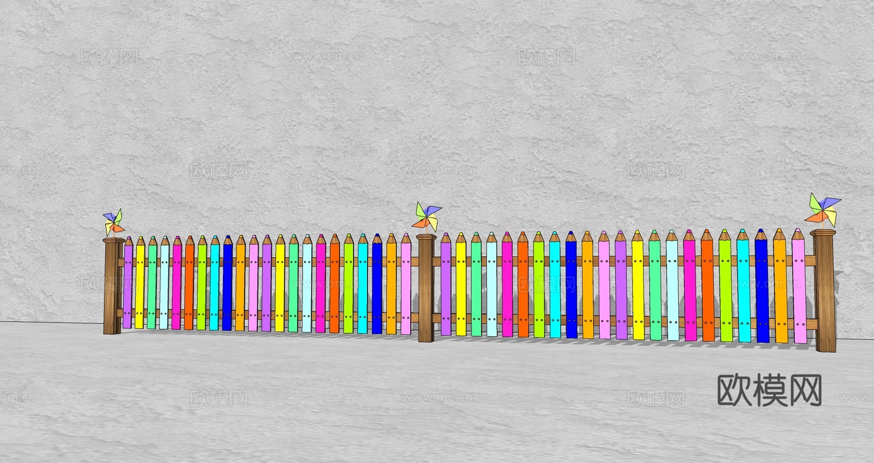 现代生态户外卡通木质栏杆动物围栏护栏彩色花朵儿童栅栏田园草地su模型